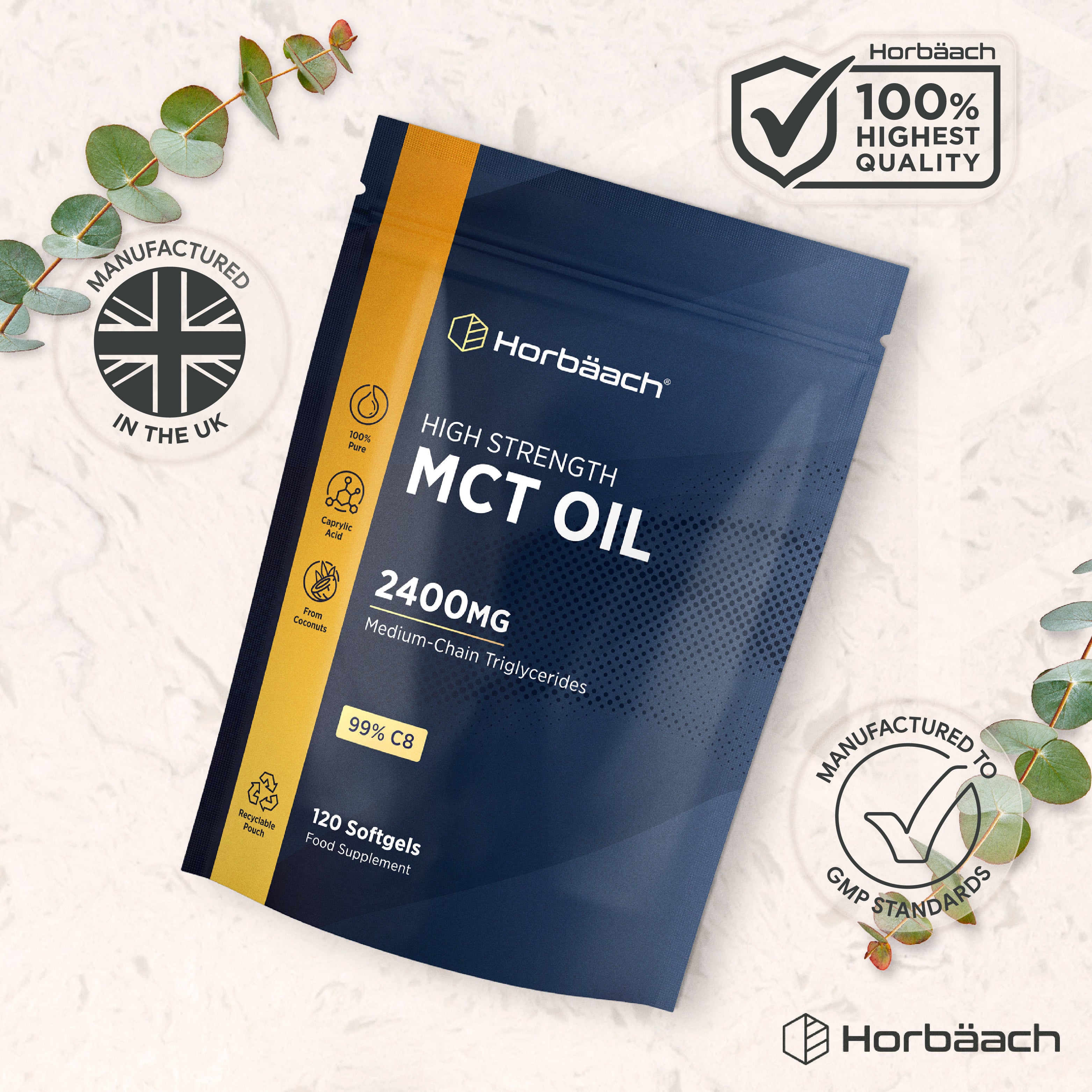 Infographic stating Horbäach is manufactured in the UK to GMP standards, 100% pure, highest quality, with a recyclable pouch.