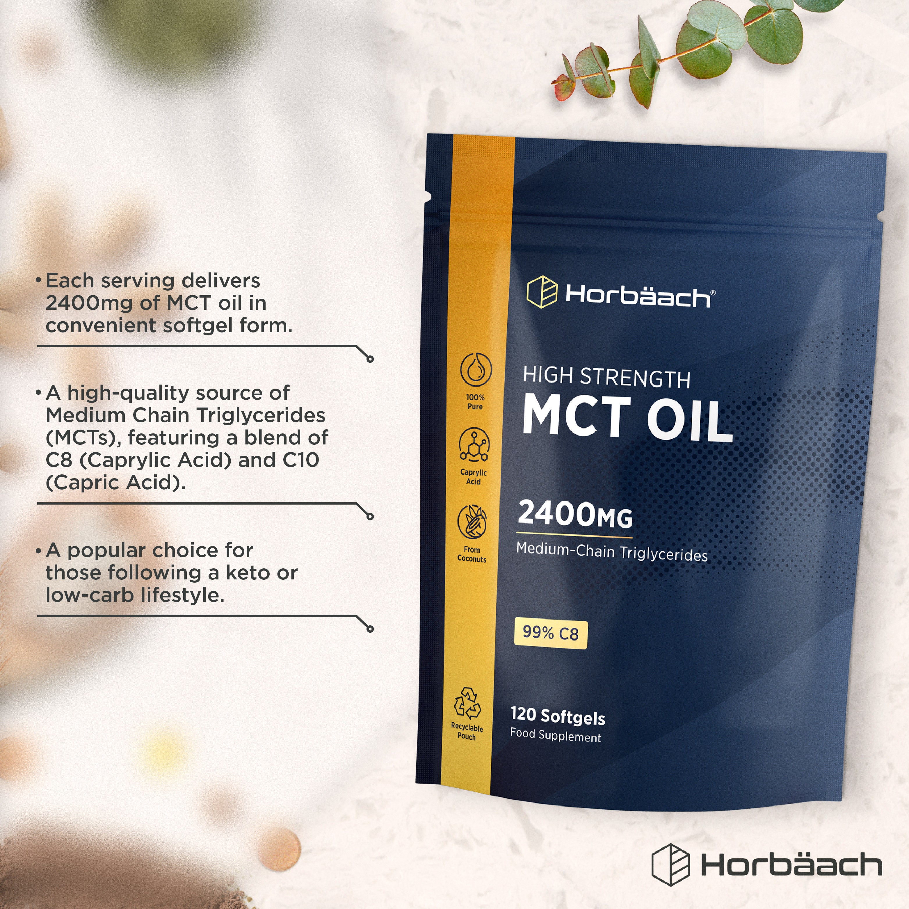 MCT Oil 2400 mg | High Strength C8 Caprylic Acid | 120 Softgels