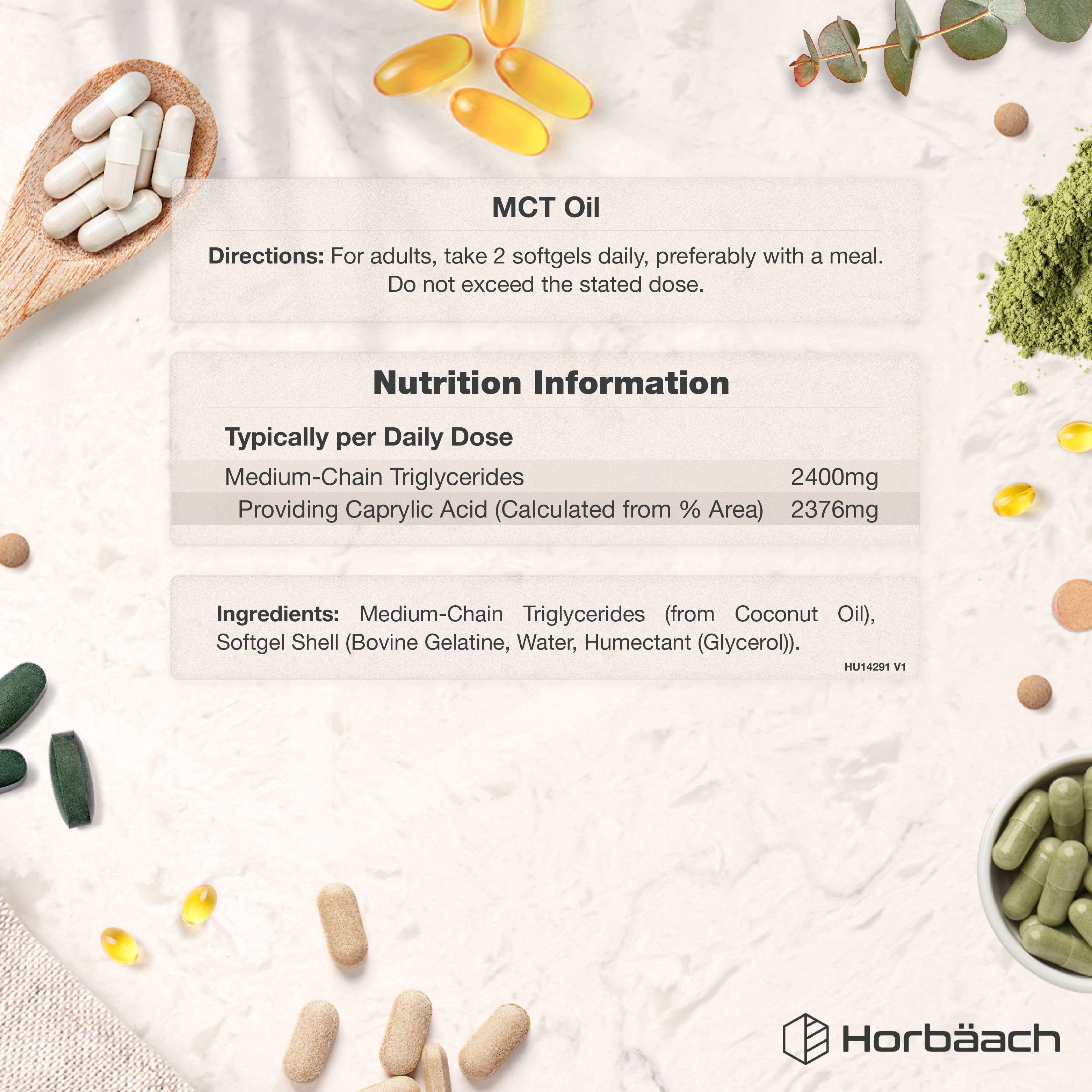 Supplement Facts panel detailing HU MCT Oil 3600mg in 120 softgels.