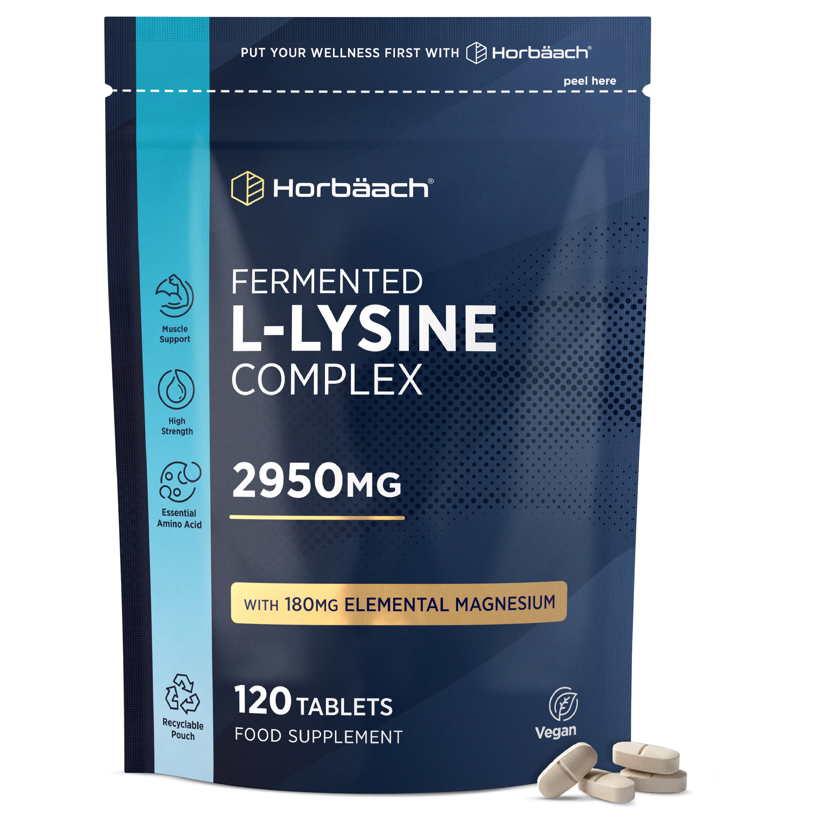 Photo of Fermented L-Lysine Complex 2950mg with 180mg Elemental Magnesium, available in 120 Vegan Tablets.