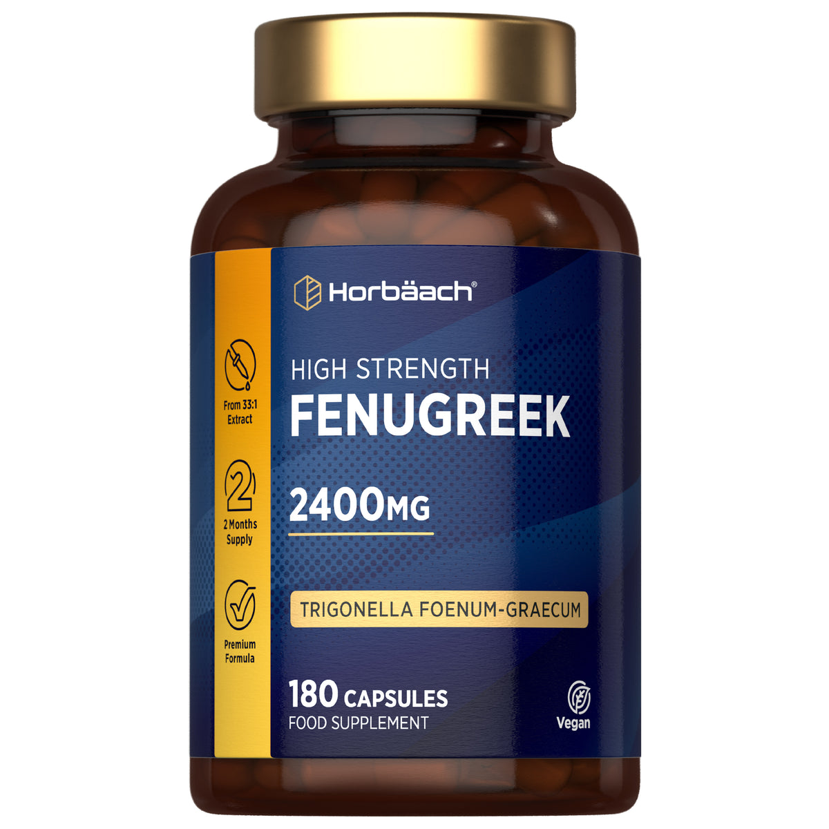High Strength Fenugreek 2400mg from 33:1 extract, with 180 vegan capsules. Trigonella Foenum-Graecum food supplement.