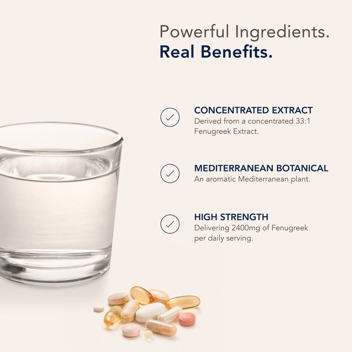 Product highlights graphic stating Concentrated 33:1 Fenugreek Extract, Mediterranean botanical plant, High strength: 2400mg daily.