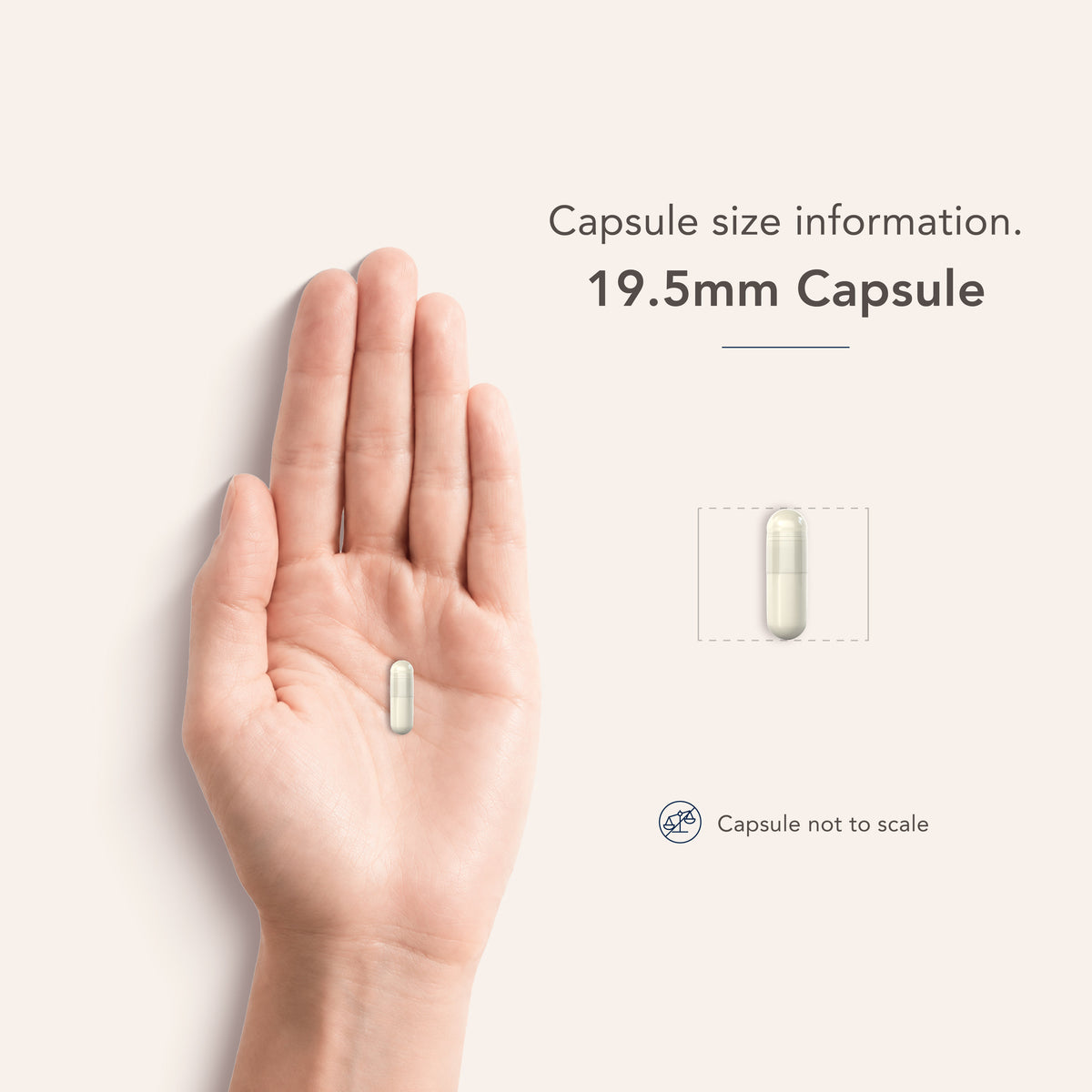 A hand holding a 19.5mm capsule. Graphic text shows capsule size info, note: capsule is not to scale.