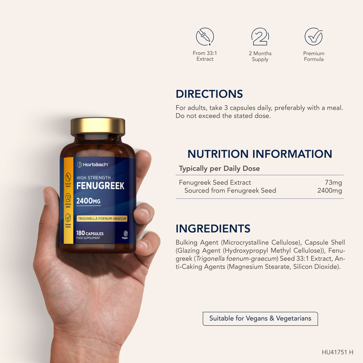 Bottle of Horbäach High Strength Fenugreek 2400MG containing 180 vegan capsules as a food supplement.