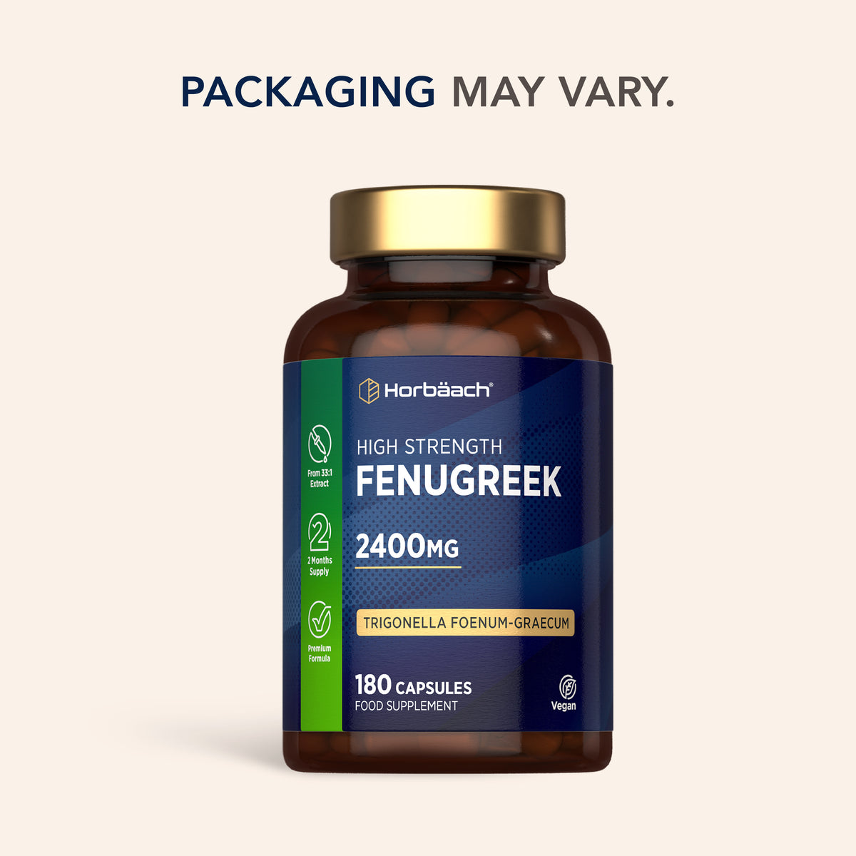 Horbäach High Strength Fenugreek 2400MG, 180 Vegan Capsules, from 33:1 Extract, provides a 2-month supply.
