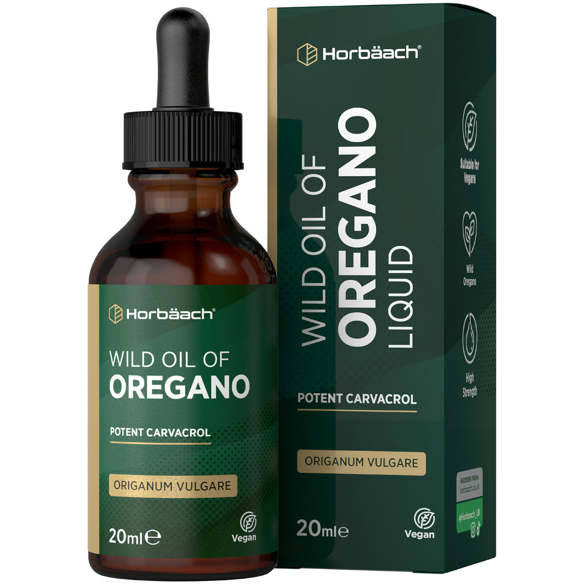 HU Oregano Oil 20ml Vegan Liquid. Horbäach Wild Oil of Oregano Liquid with Carvacrol, derived from Origanum Vulgare.
