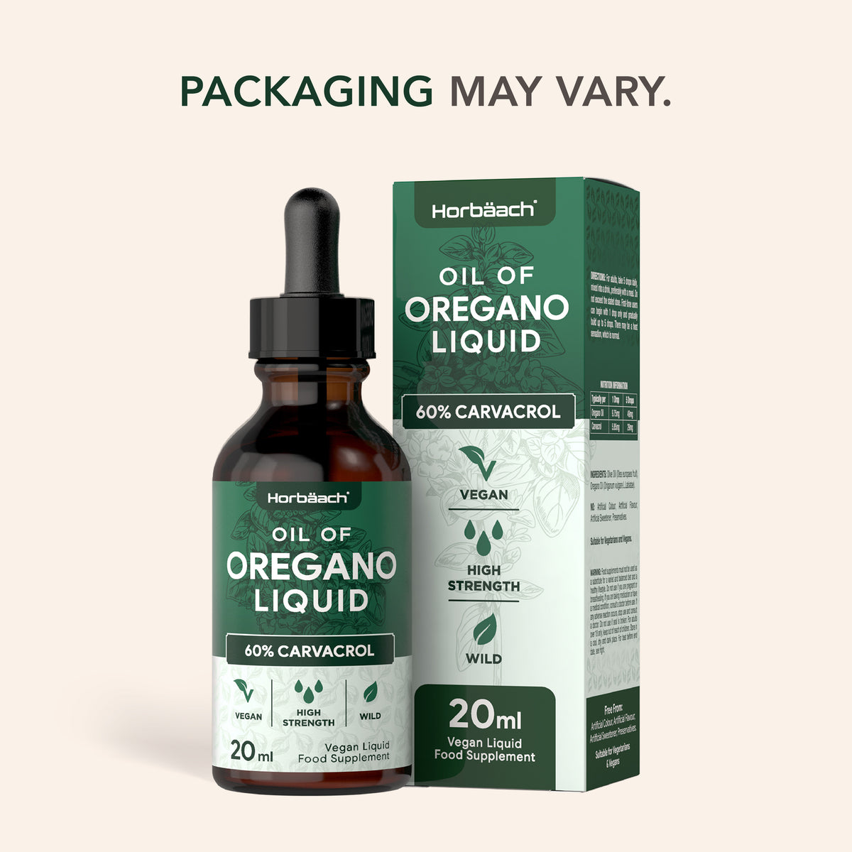 Oil of Oregano Liquid, 60% Carvacrol, 20ml vegan supplement featuring vegan, high strength, and wild sourced icons.