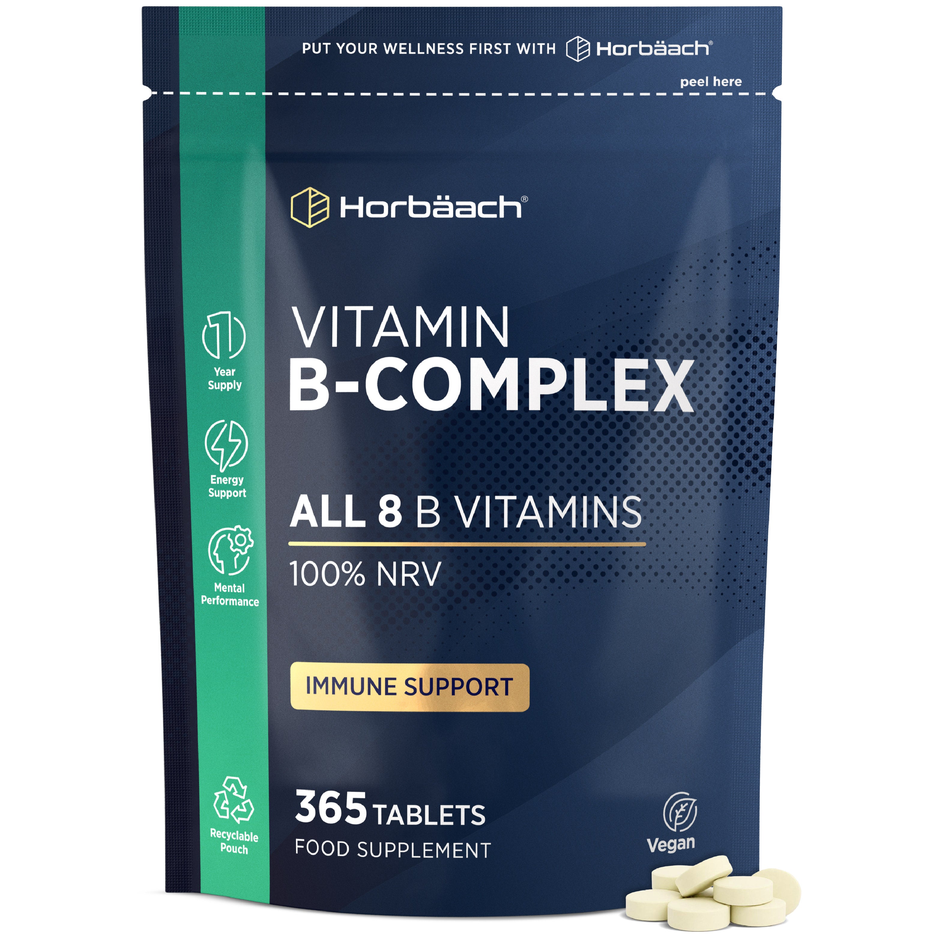 Horbäach Vitamin B-Complex with 365 vegan tablets in a recyclable pouch.