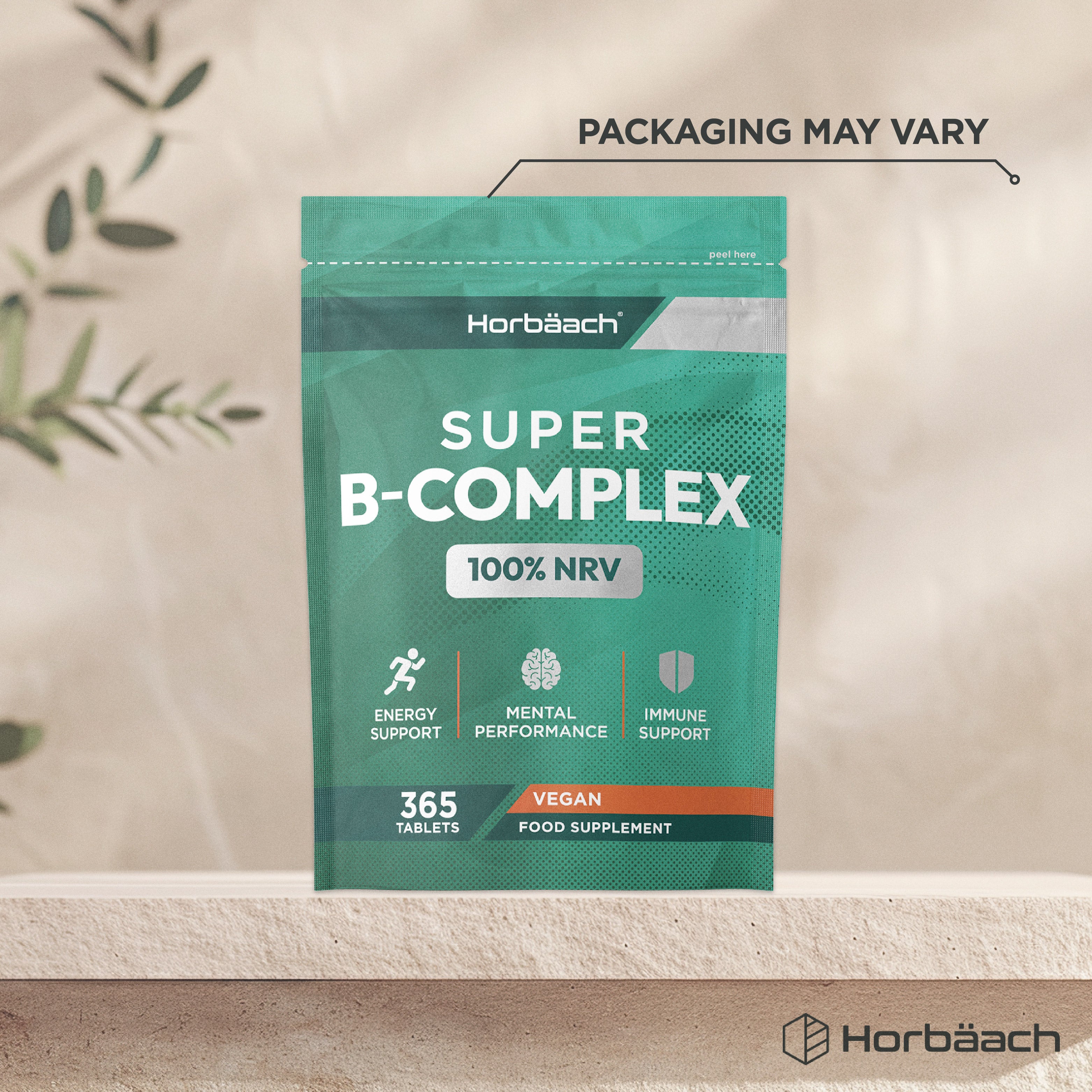 Vegan-friendly Super B-Complex tablets, 100% NRV, 365 count food supplement package.