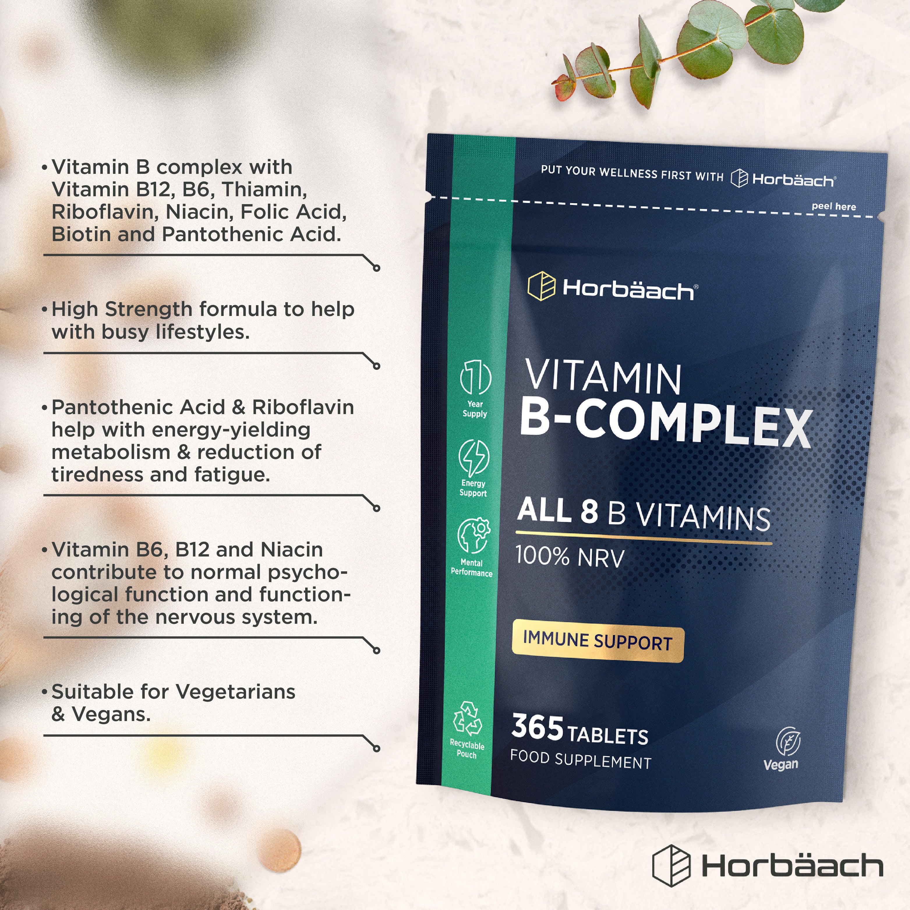 Vitamin B-Complex supplement with all 8 B vitamins, 100% NRV, 365 tablets, vegan-friendly.