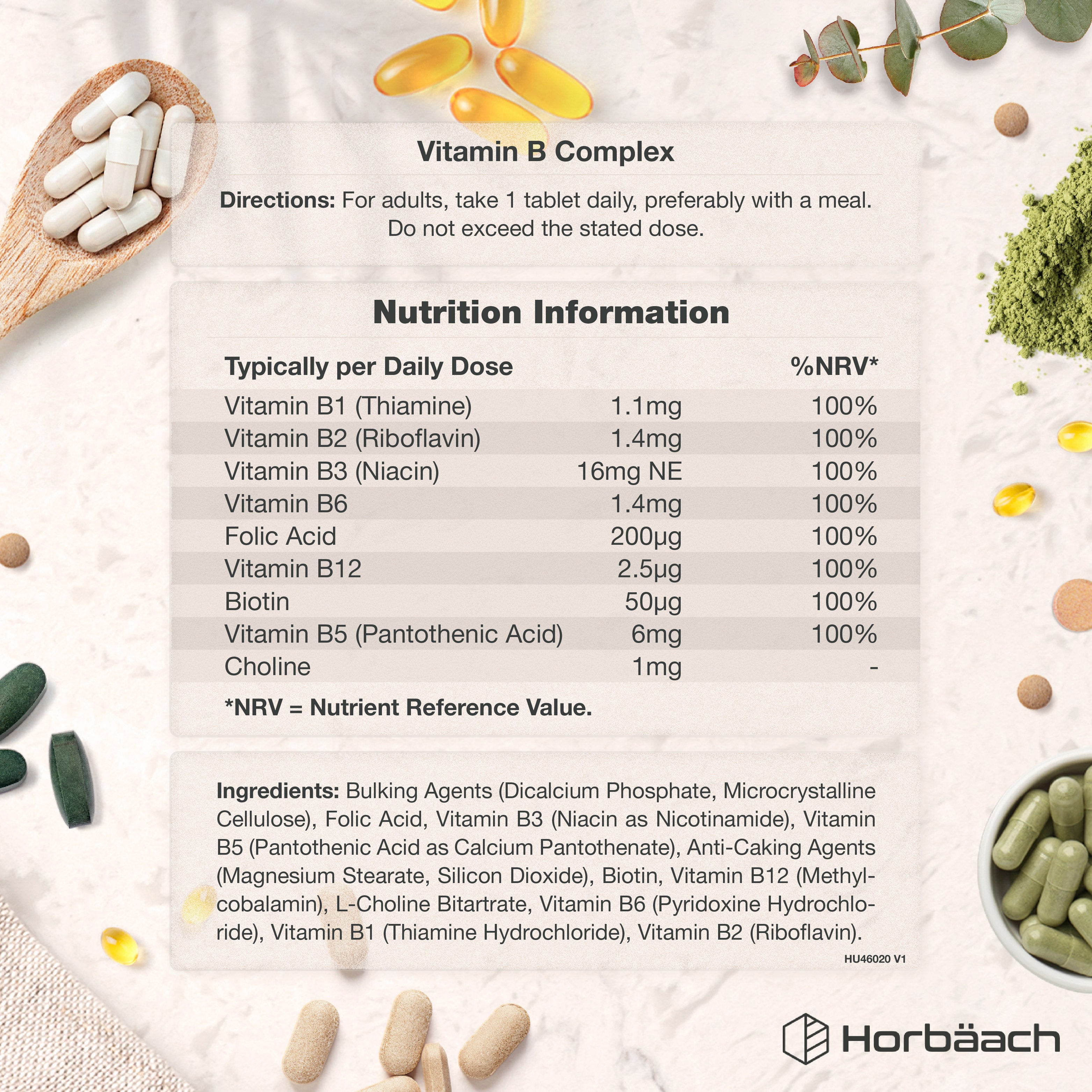 Vitamin B Complex product graphic displaying daily nutrition facts, usage directions, and the ingredients list.