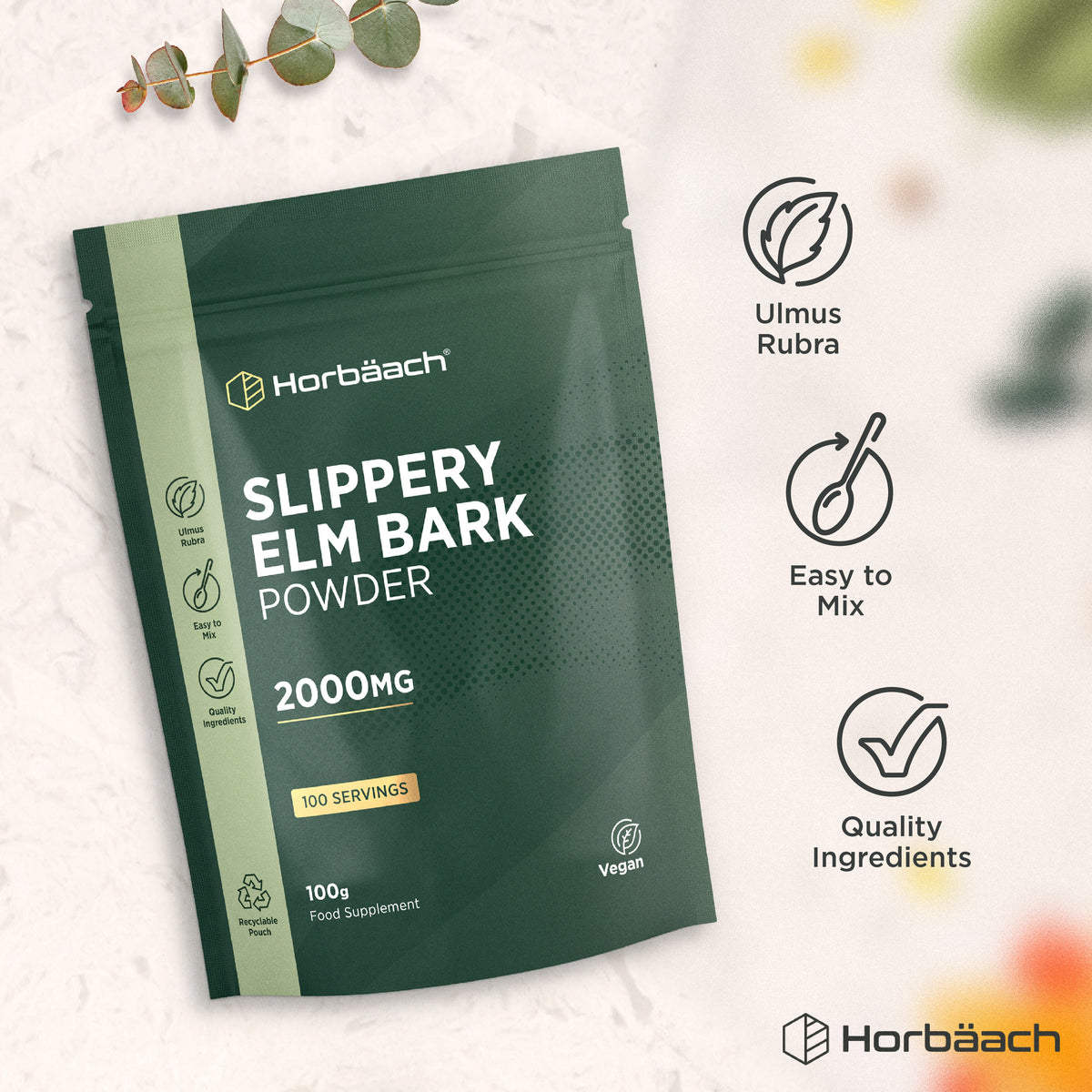 Ulmus Rubra bottle with icons indicating easy to mix, quality ingredients, vegan, and recyclable pouch features.