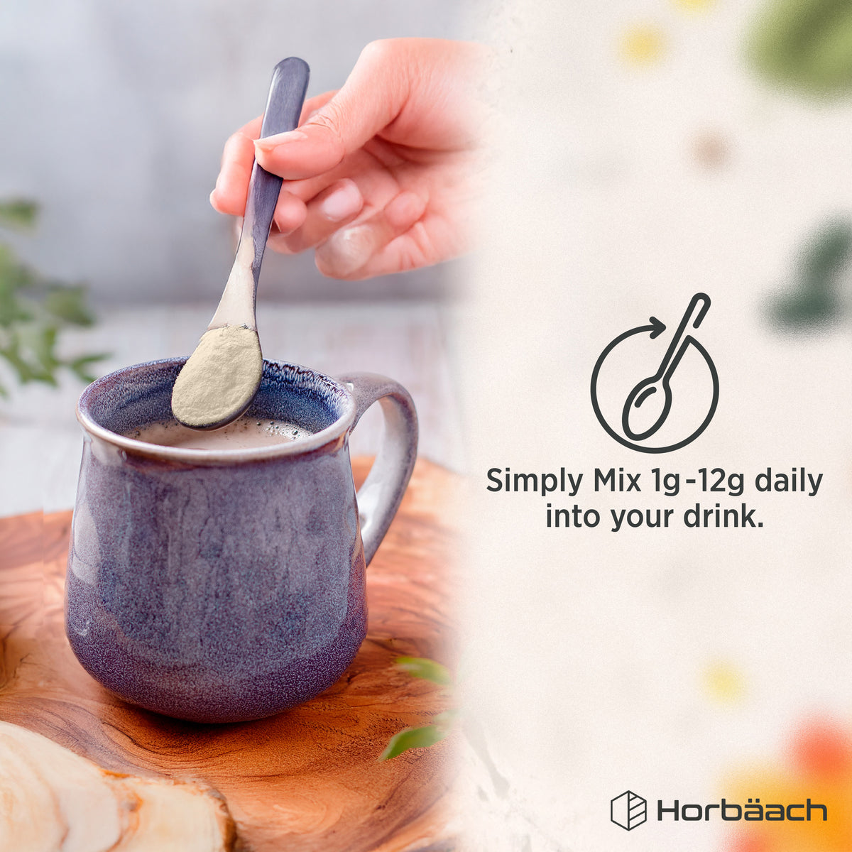An adult hand adds Slippery Elm Bark Powder to a mug with a drink.