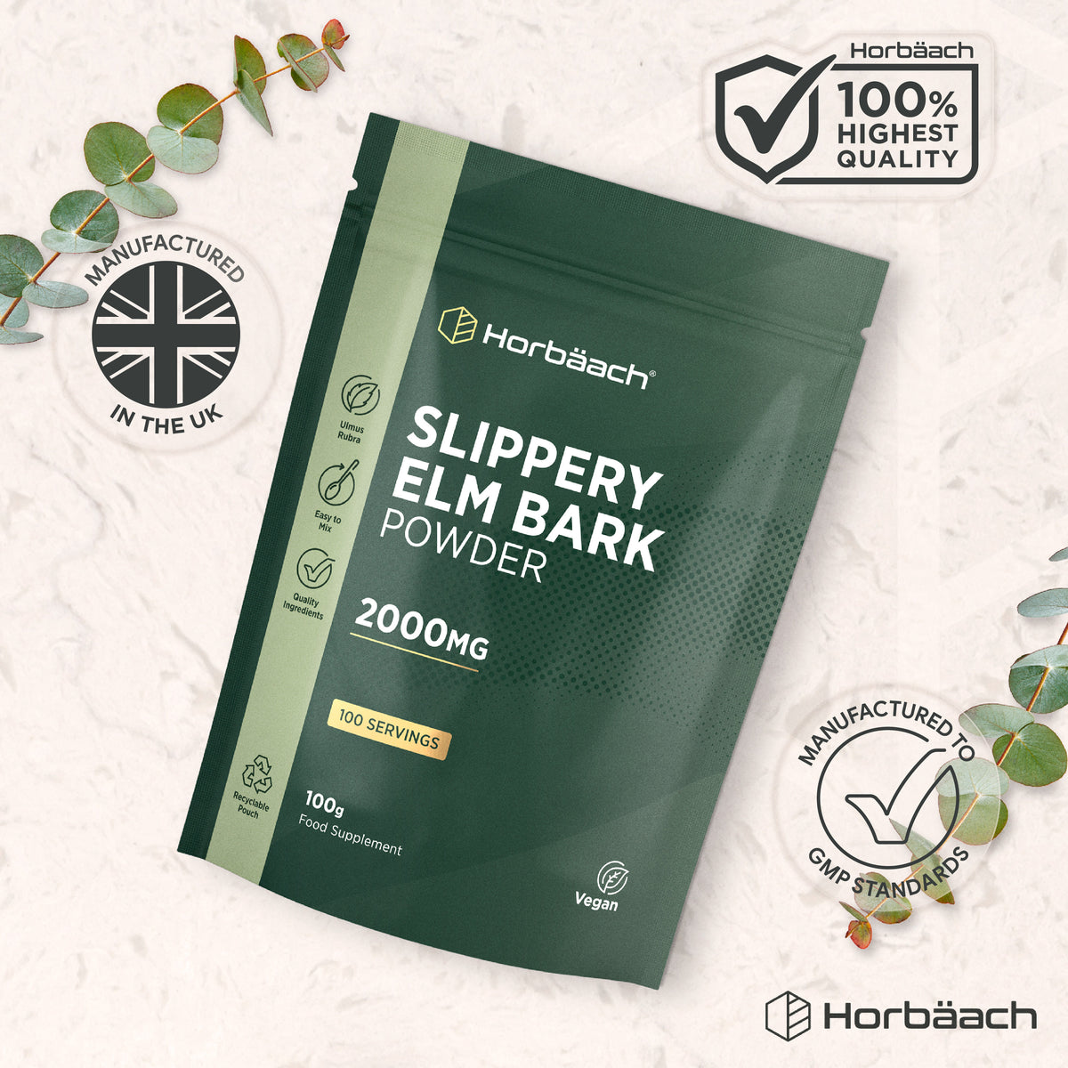 Infographic of Horbäach Slippery Elm Bark Powder: 2000MG, 100 Servings, 100g, high quality, made in UK, GMP standards, vegan.