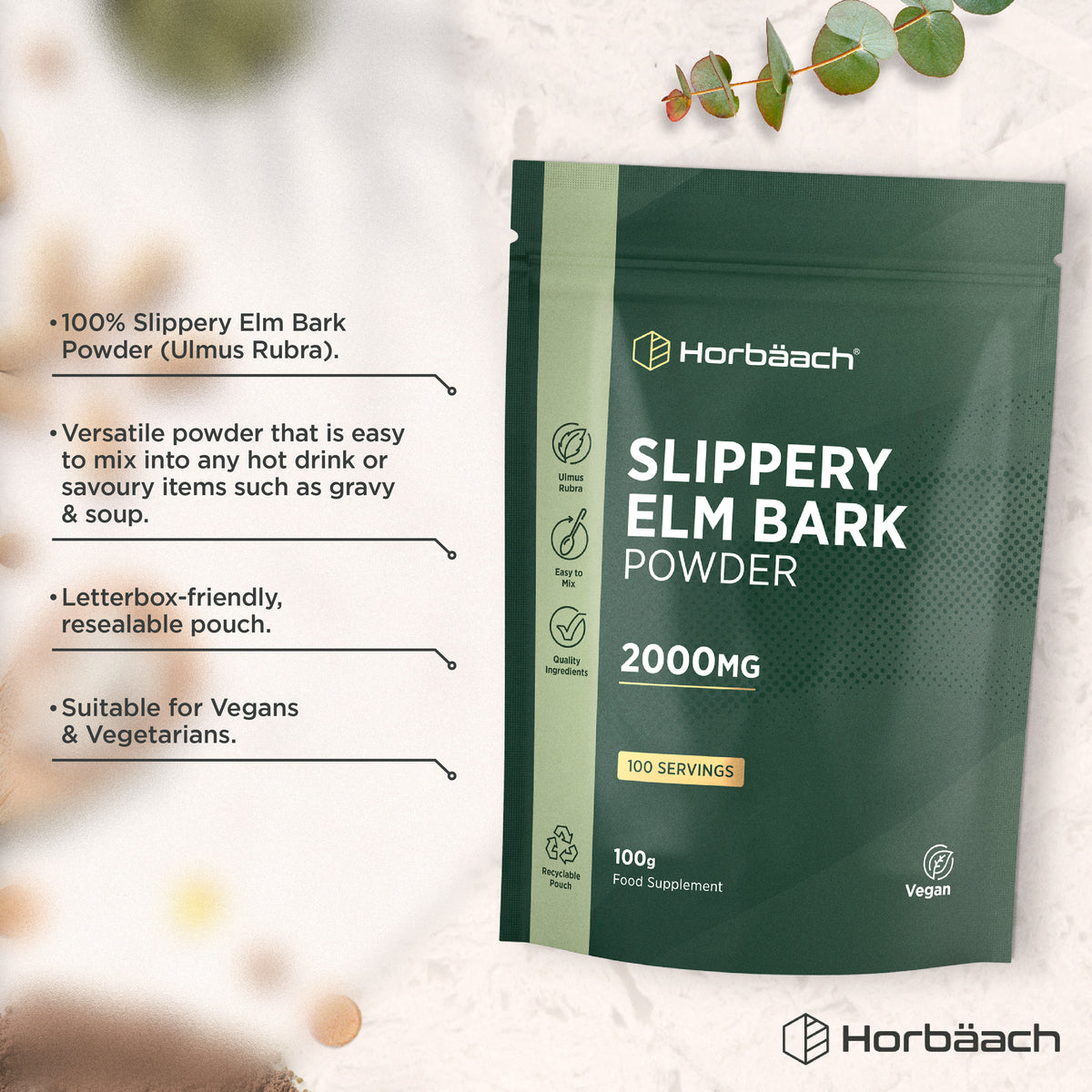 Product highlights graphic stating 100% Slippery Elm Bark, easy mix into drinks/food, resealable letterbox pouch, vegan/vegetarian.