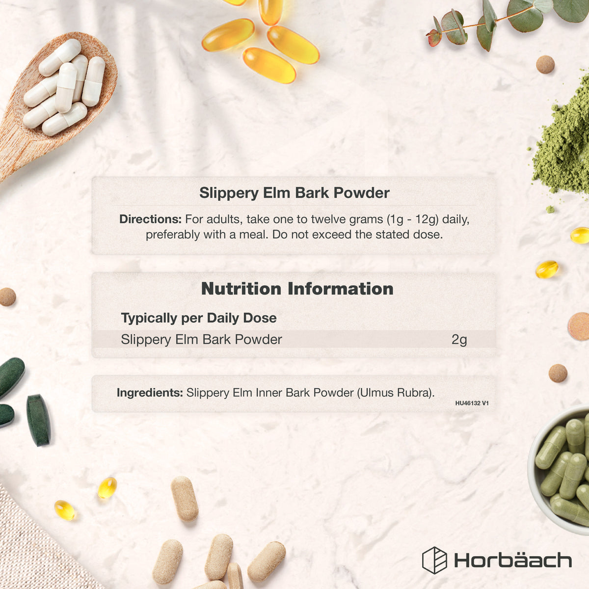 Supplement Facts panel for Hu Slippery Elm Bark Vegan Powder, 100g, detailing nutritional information.