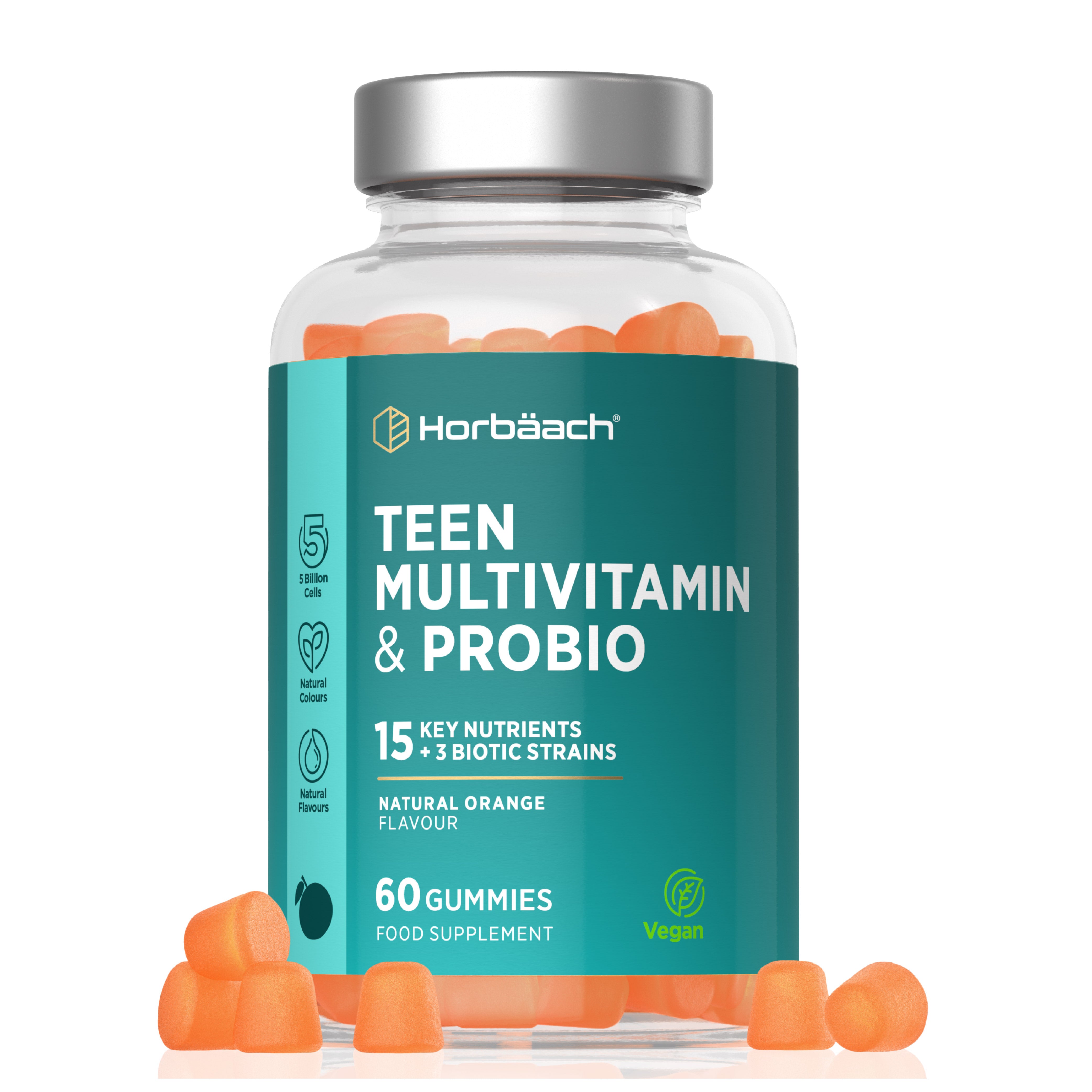 Horbäach Teen Multivitamin & Probio 60 vegan gummies, natural orange flavor, with 15 nutrients, 3 biotic strains, 5 Billion Cells.