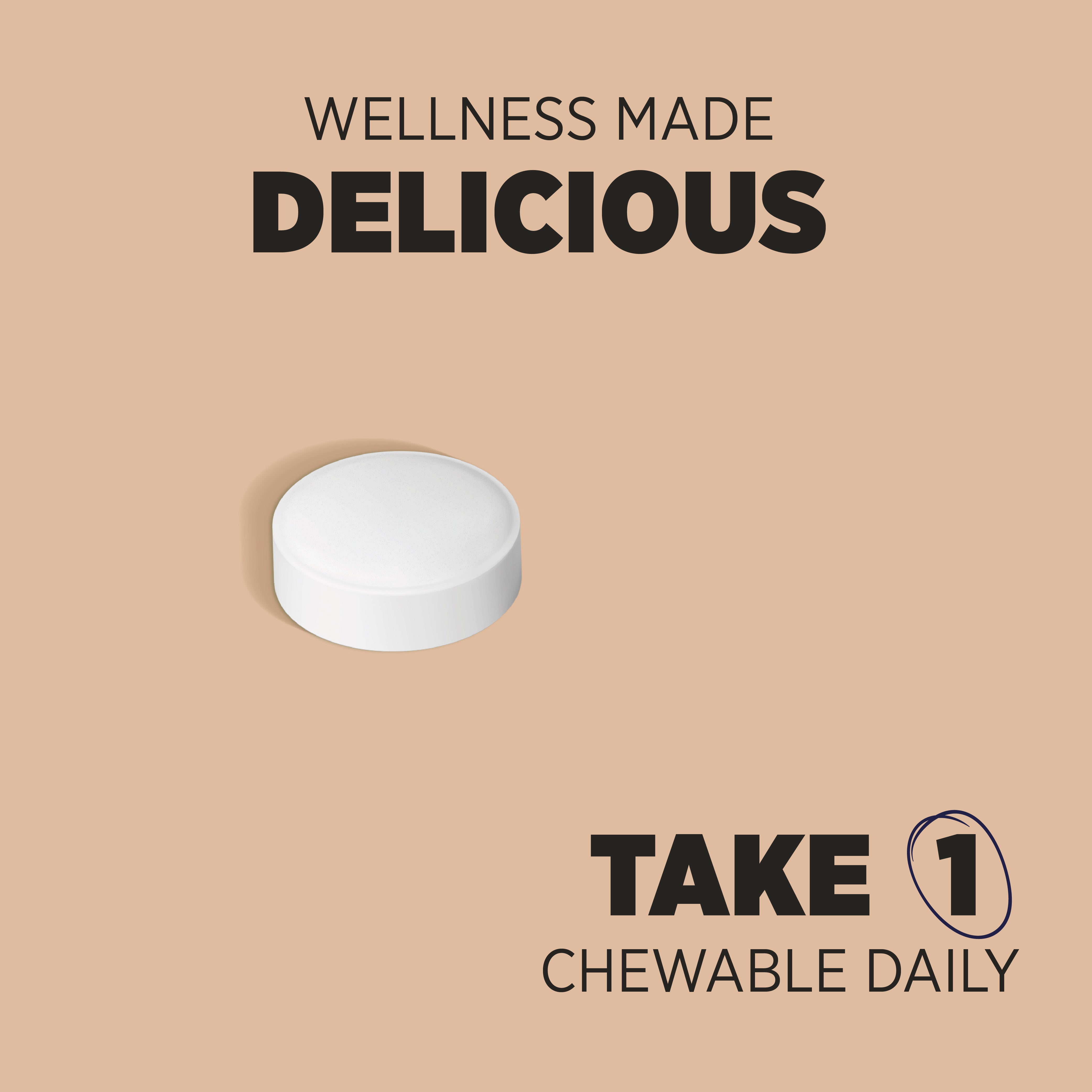 HU Vitamin D3 for Teens chewable tablet, a single white round tablet. Text: 'WELLNESS MADE DELICIOUS', 'TAKE 1 CHEWABLE DAILY'.