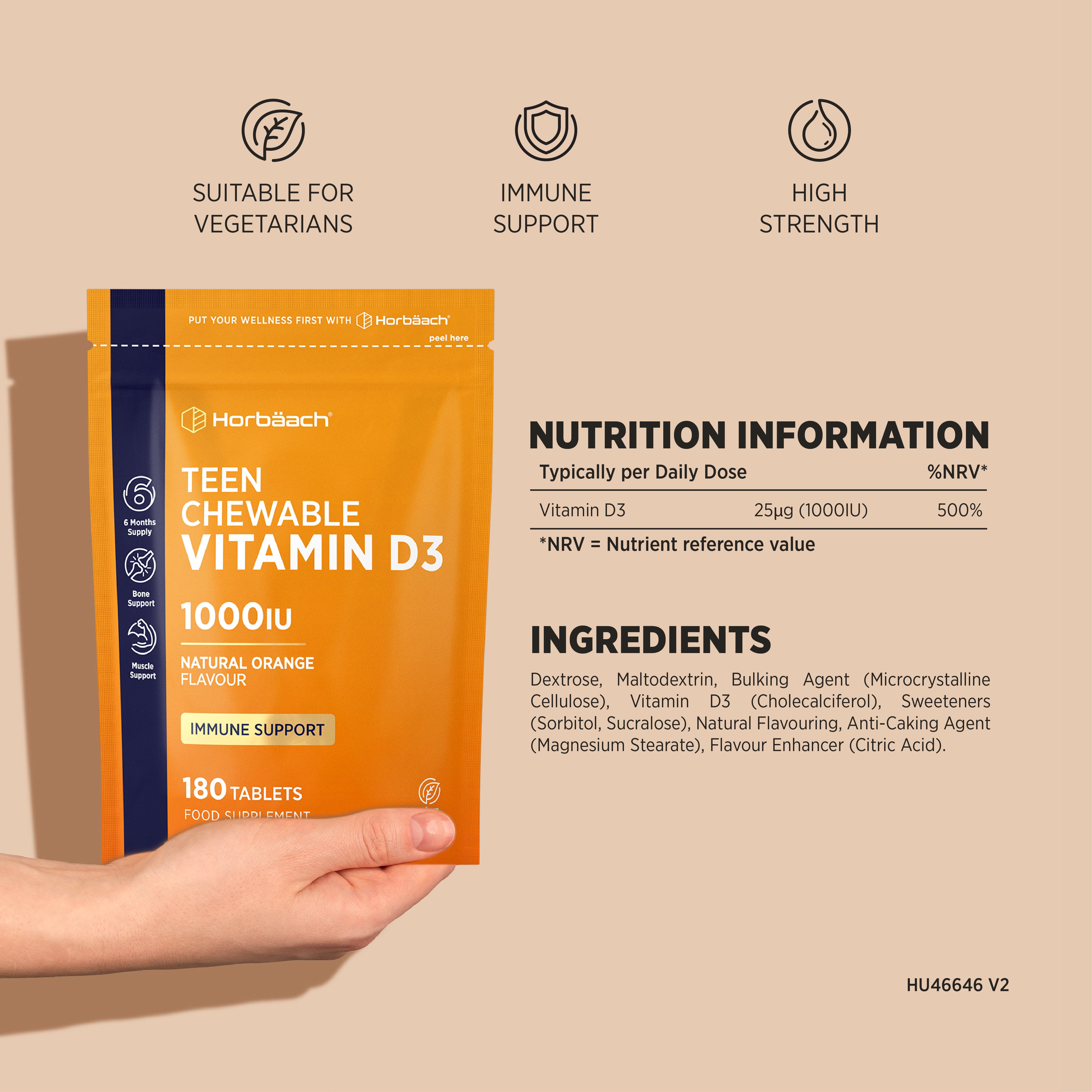 Horbäach Teen Chewable Vitamin D3 with natural orange flavor, 1000IU, 180 tablets in a bottle.