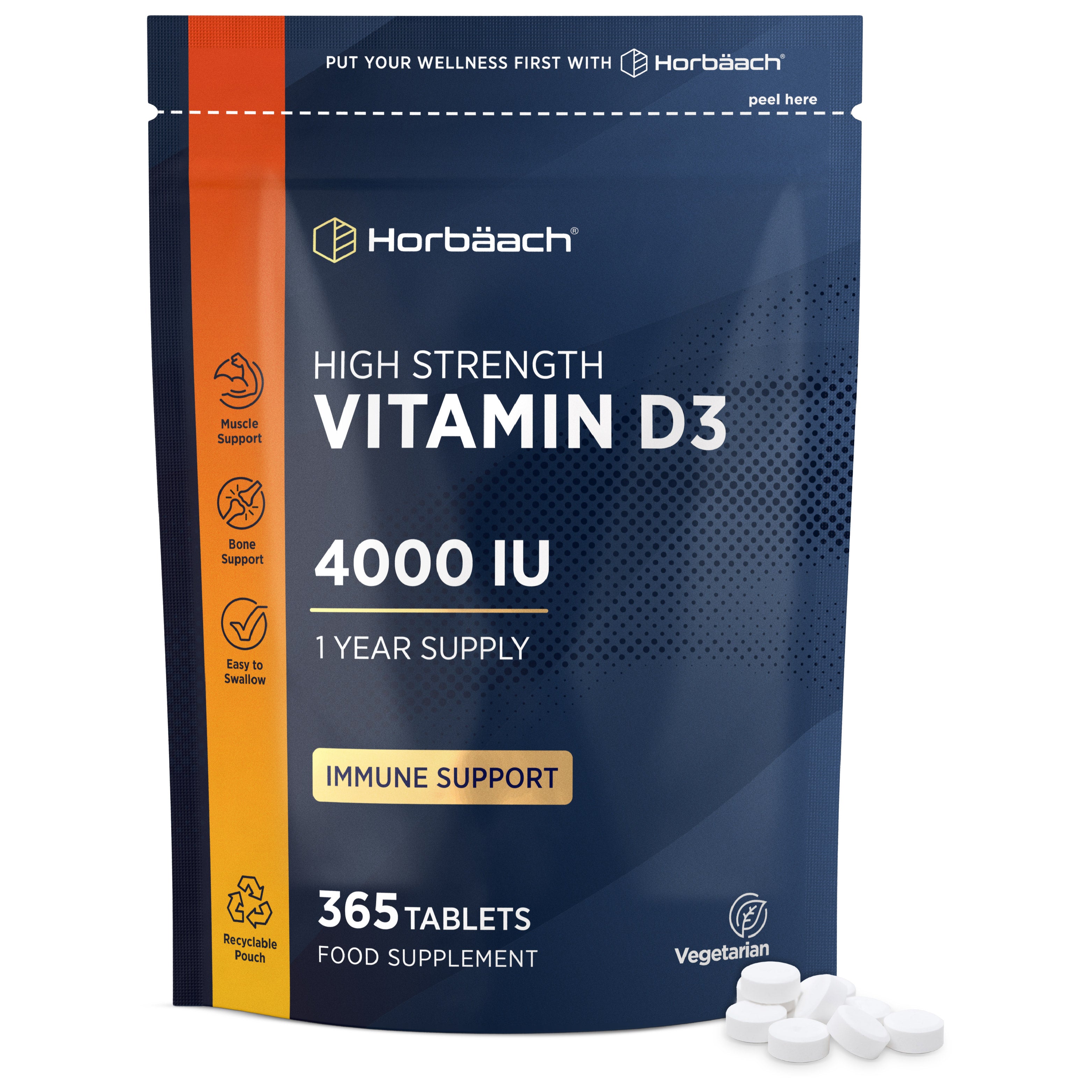Horbäach High Strength Vitamin D3 4000 IU, 365 Vegetarian Tablets. 1 Year Supply, Muscle and Bone Support, Easy to Swallow.