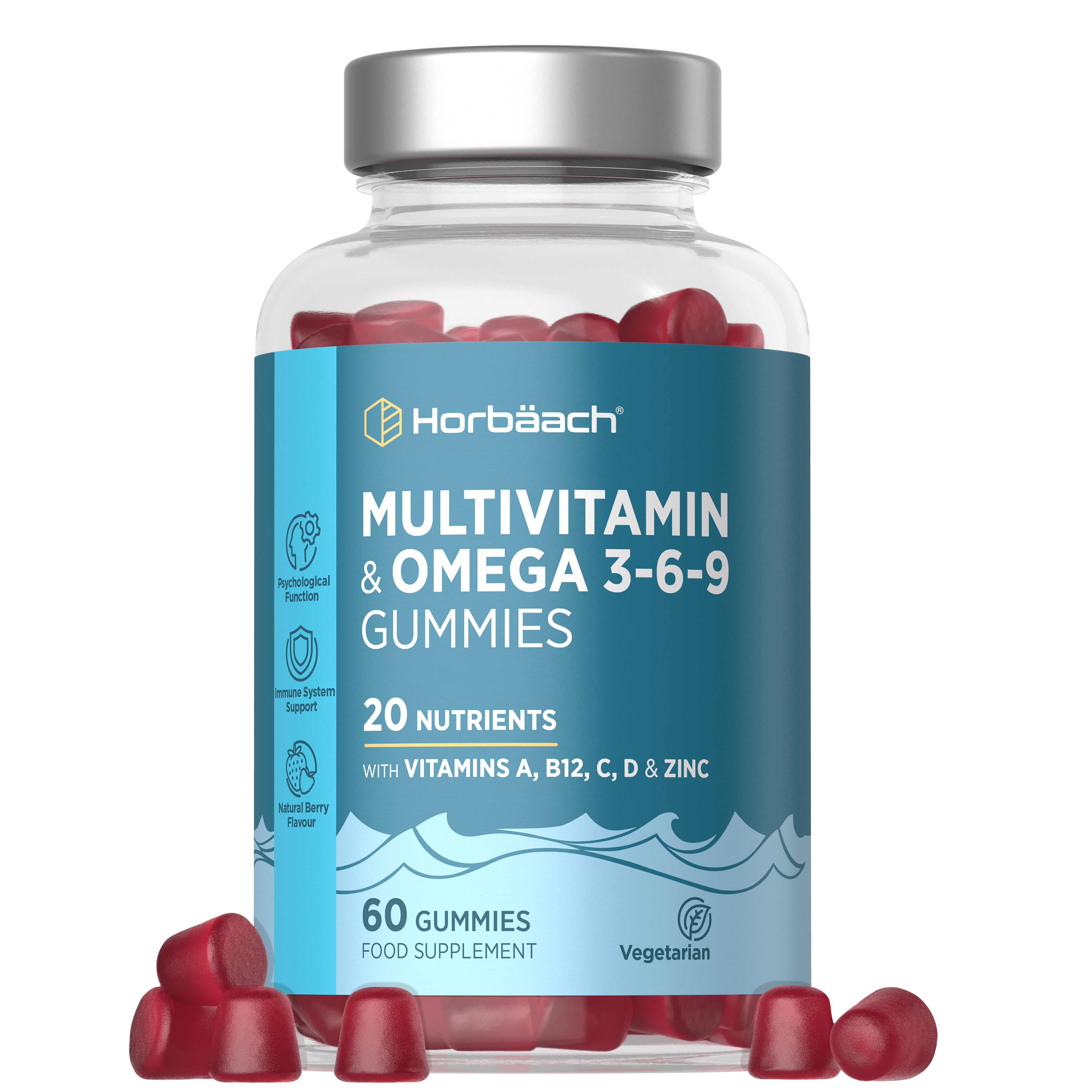 Horbäach Multivitamin & Omega 3-6-9 Gummies, 60 count, dietary supplement bottle displayed.