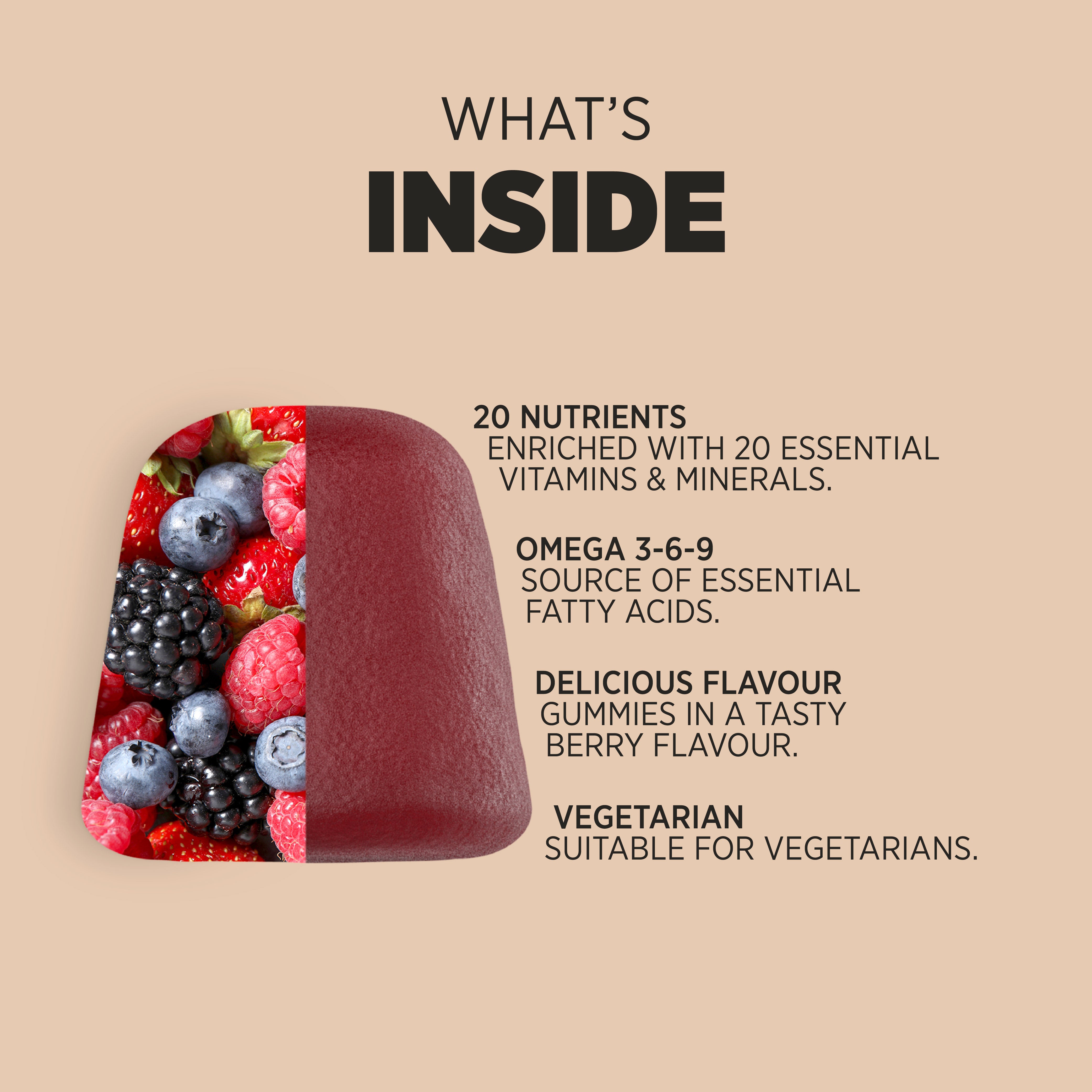 Omega 369 Multivitamin Gummies: Red gummy with berries, 20 vitamins and minerals, Omega 3-6-9, berry flavor, vegetarian.