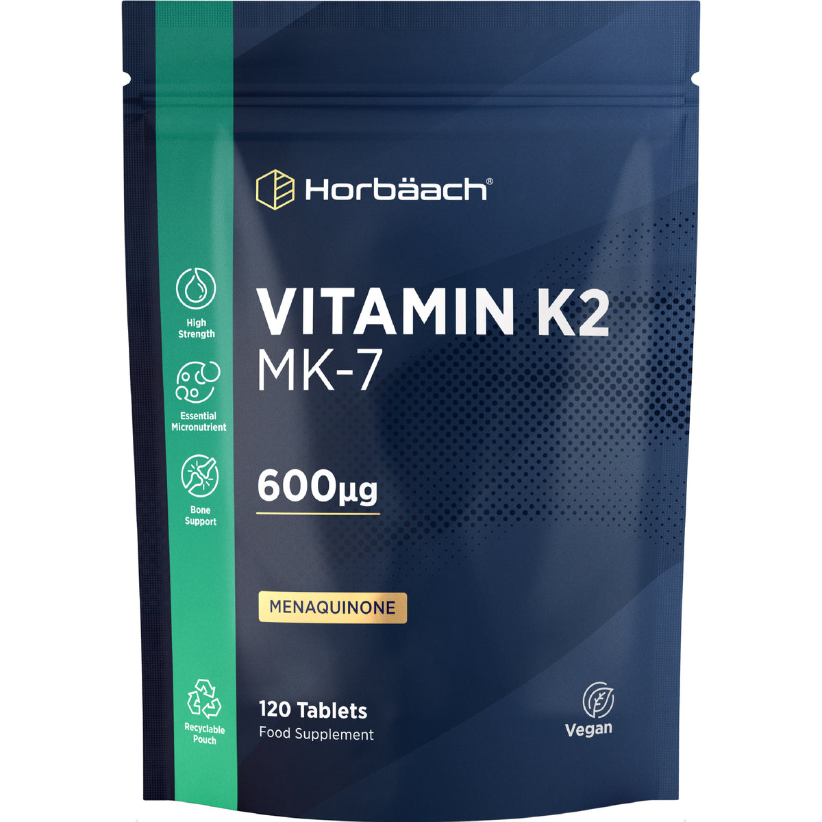 Vegan tablets containing Vitamin K2 MK-7, 600µg, 120 count, with Menaquinone for health support.