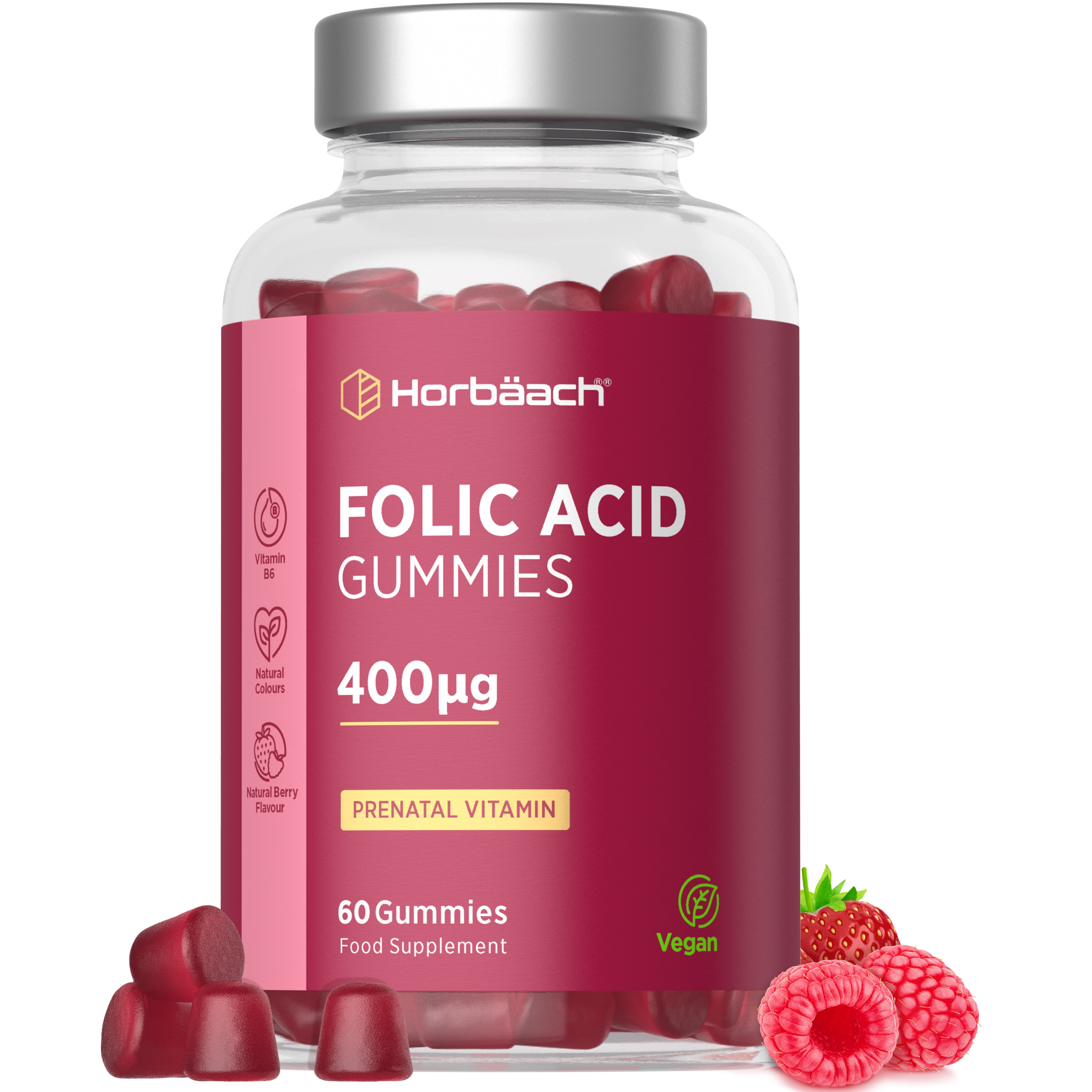 Folic Acid Gummies 400µg, 60 vegan, berry-flavored gummies, prenatal vitamin with Vitamin B6 and natural colors.
