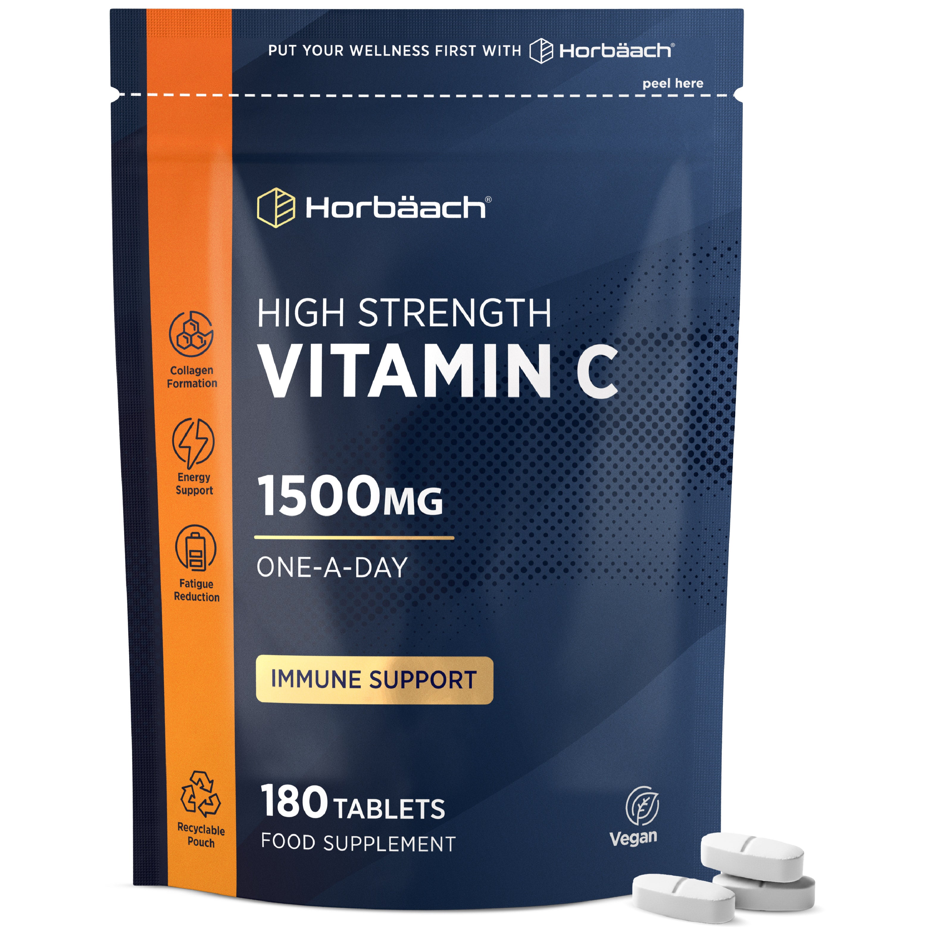 Horbäach High Strength Vitamin C 1500mg, 180 Tablets, One-A-Day, Food Supplement in a Recyclable Pouch, plus loose tablets, Vegan.