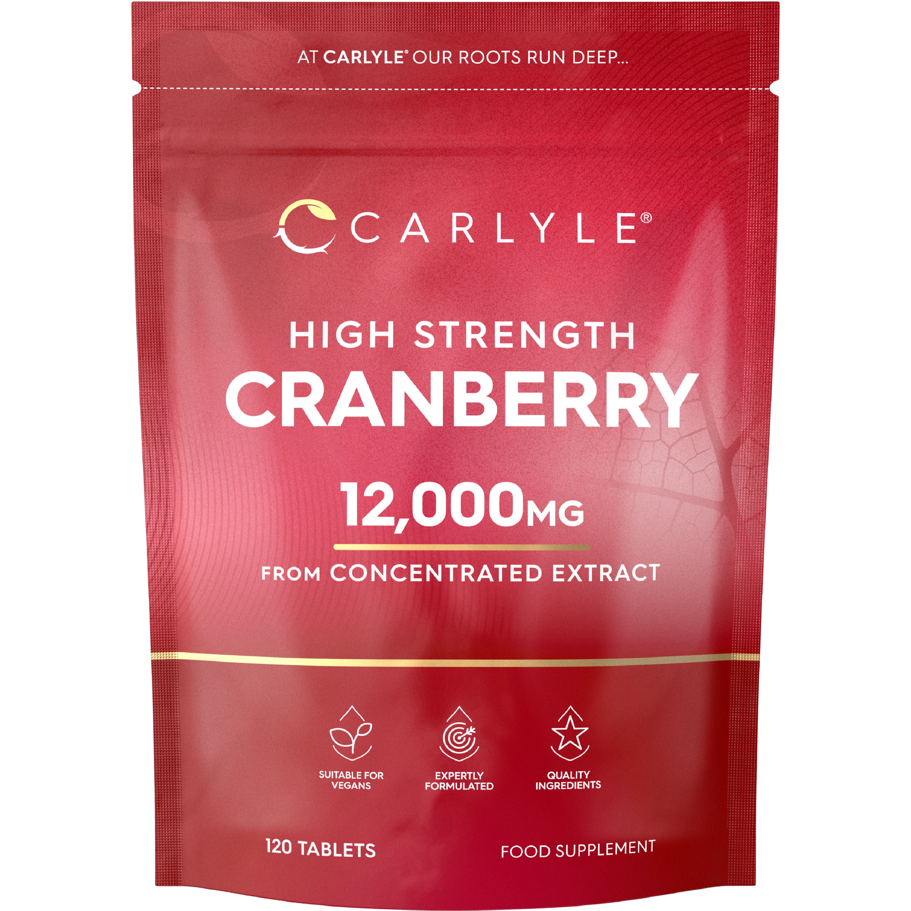 High Strength Cranberry supplement with 12,000mg concentrated extract, 120 vegan tablets.