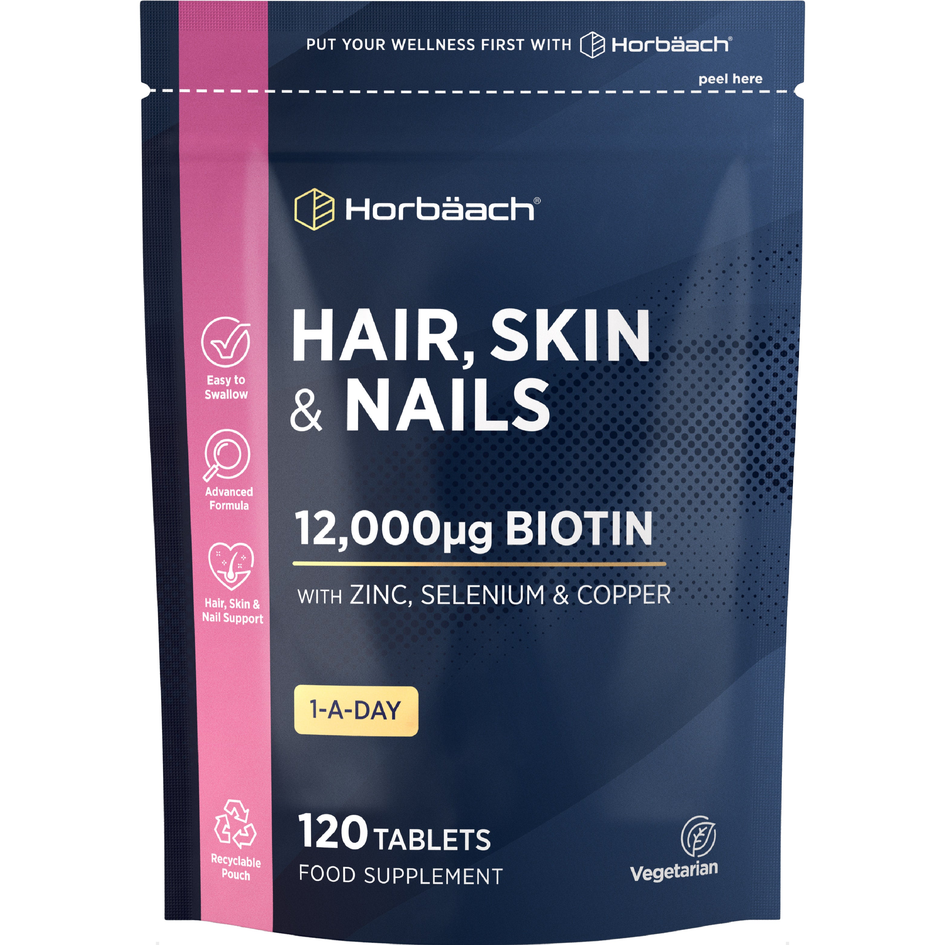 Horbäach Hair, Skin & Nails 12,000µg Biotin with Zinc, Selenium & Copper, 120 vegetarian tablets in a recyclable pouch.