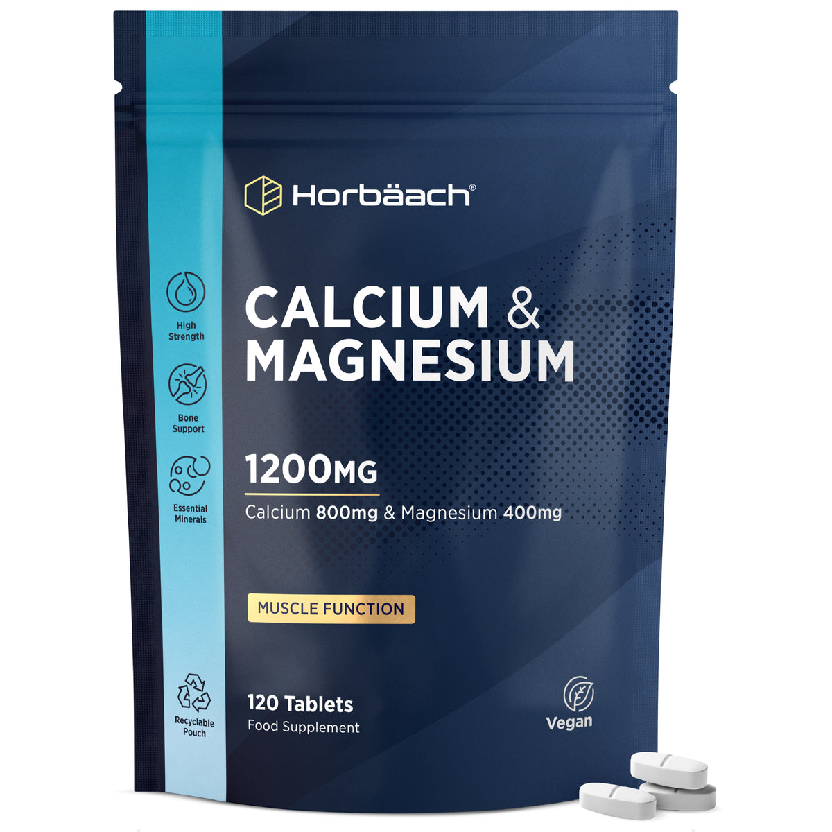 Calcium & Magnesium supplement with 1200mg (800mg Calcium & 400mg Magnesium) in 120 vegan tablets.