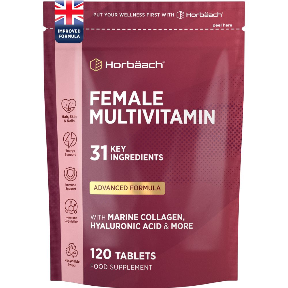 Female Multivitamin 120 Tablets. Advanced formula with 31 key ingredients, marine collagen, hyaluronic acid, and more.