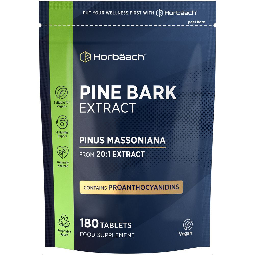This pouch contains 180 vegan tablets of 400mg Pine Bark Extract.
