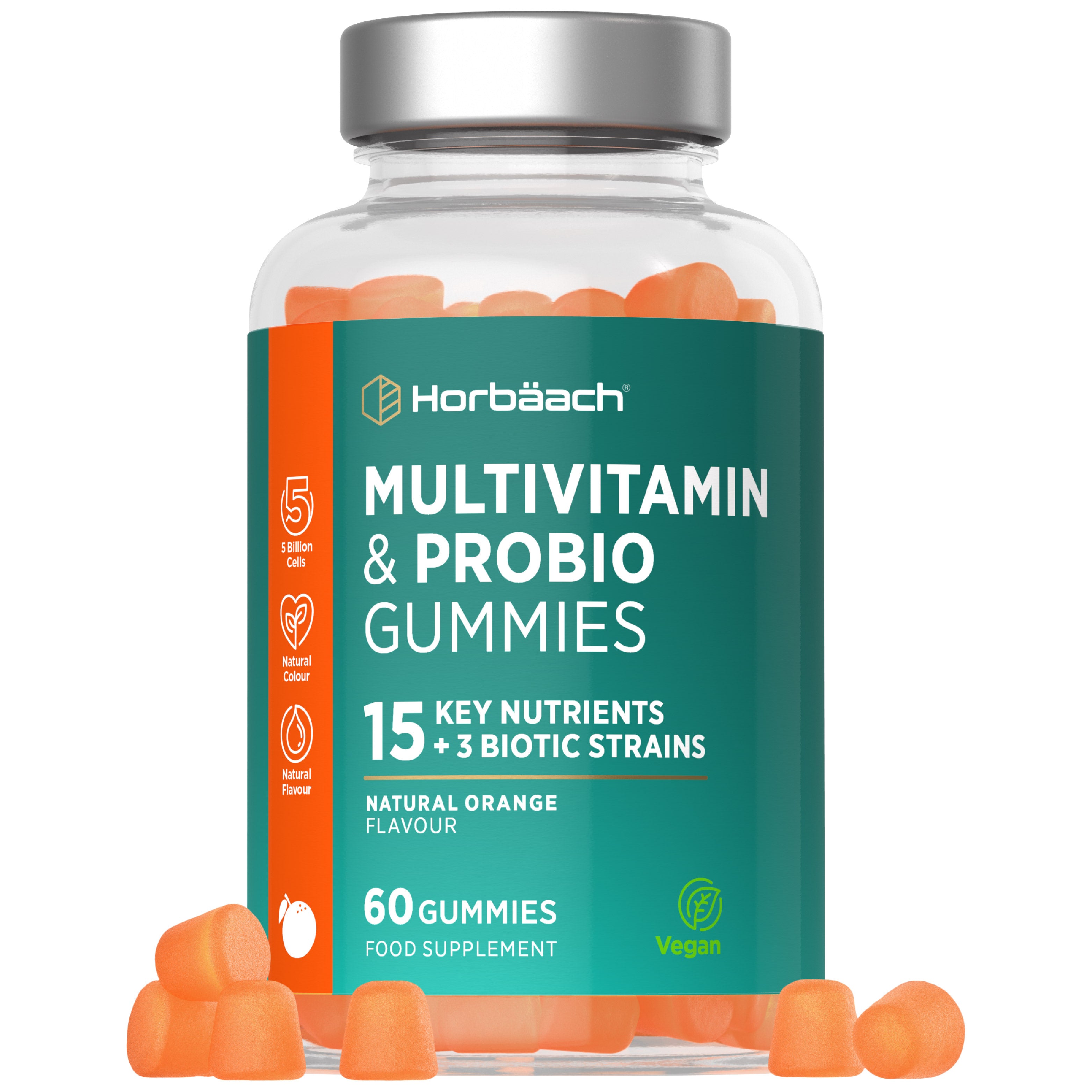Horbäach Multivitamin & Probio Gummies: 60 vegan gummies with natural orange flavor, 15 key nutrients, and 3 biotic strains.