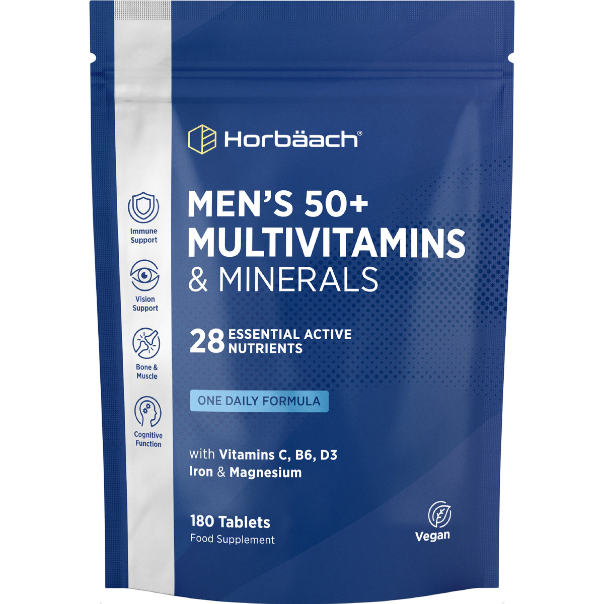 Men's 50+ Multivitamins & Minerals, 180 Vegan Tablets. Includes 28 essential nutrients, vitamins C, B6, D3, iron, and magnesium.