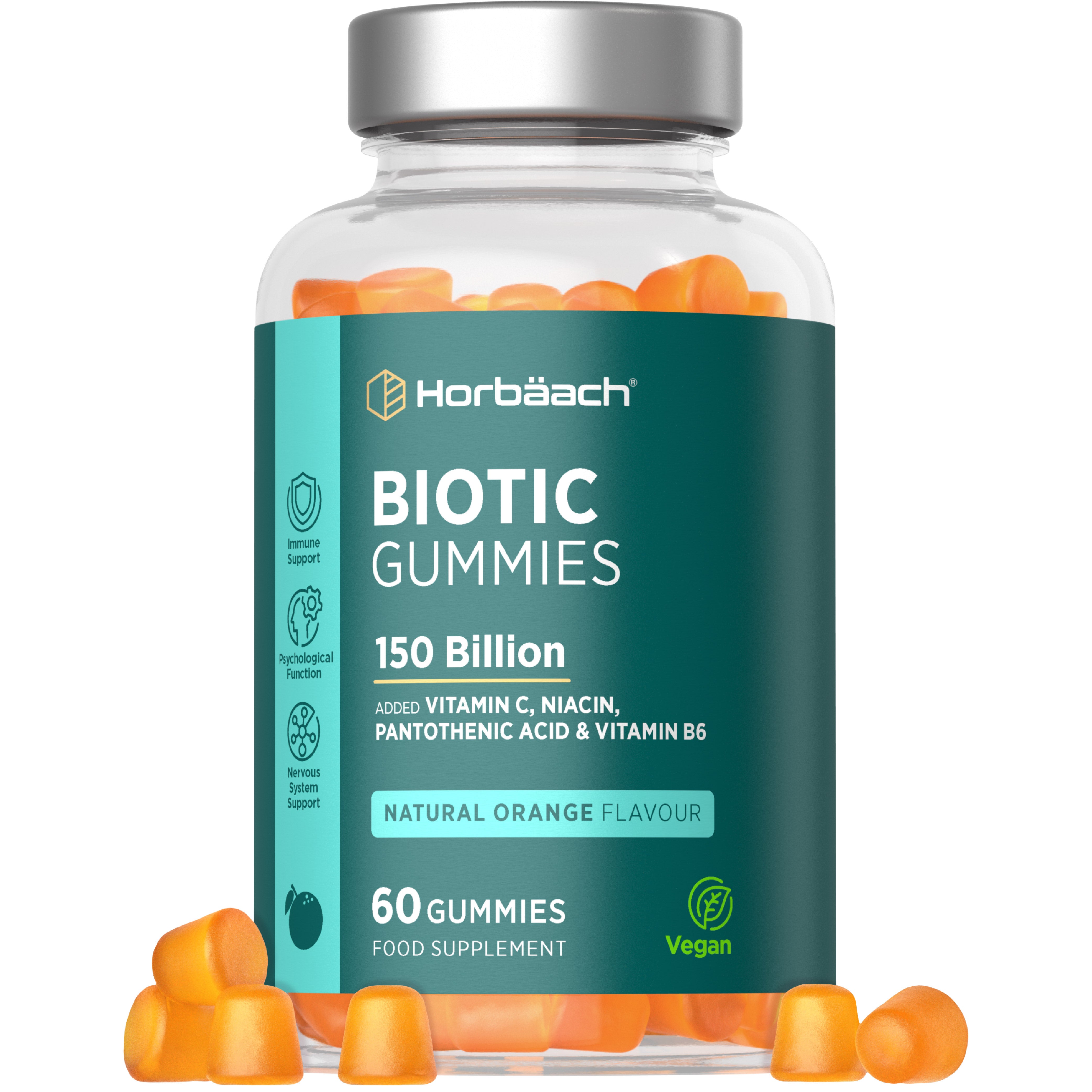 Horbäach Biotic Gummies with 150 Billion probiotics, Vitamin C, Niacin, Pantothenic Acid, B6, and natural orange flavor.
