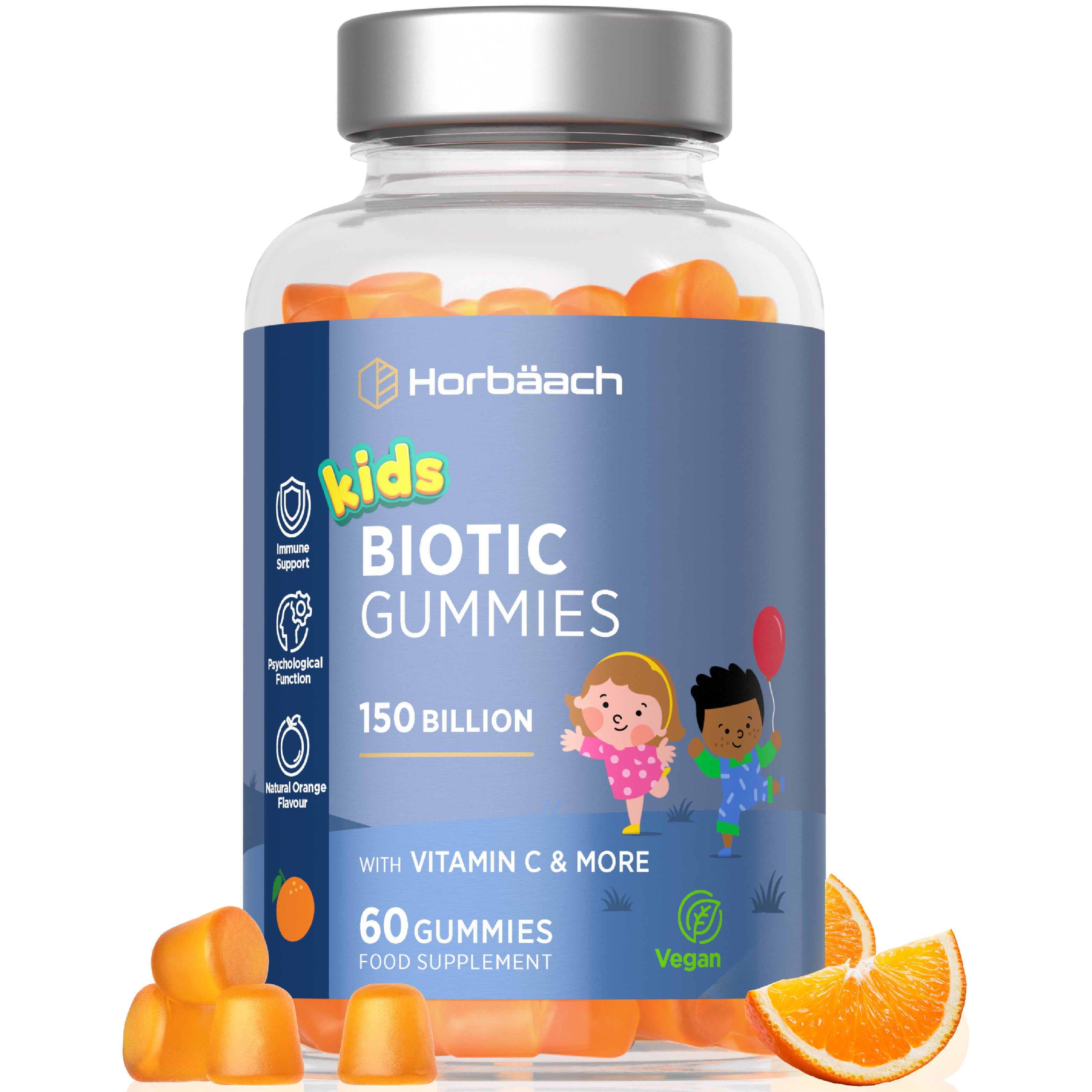 Horbäach Kids Biotic Gummies with 150 Billion, Vitamin C, 60 vegan gummies, natural orange flavor.