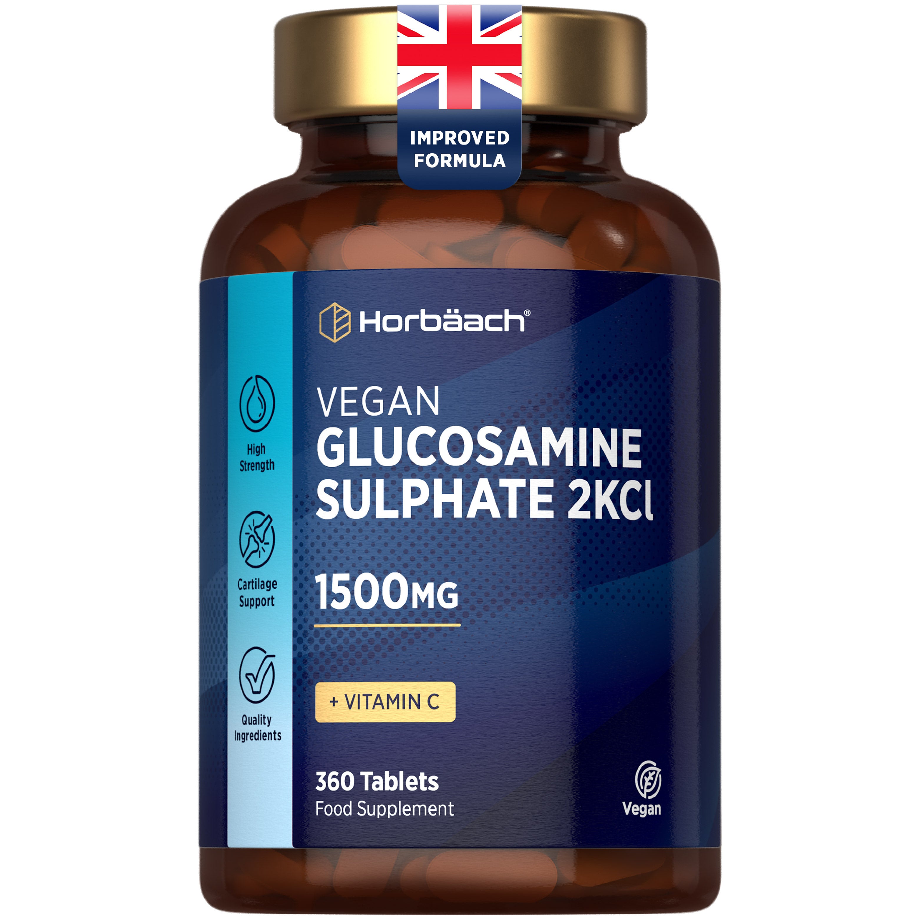 Vegan Glucosamine Sulphate 2KCl 1500mg with Vitamin C, 360 Tablets, Dietary Food Supplement.