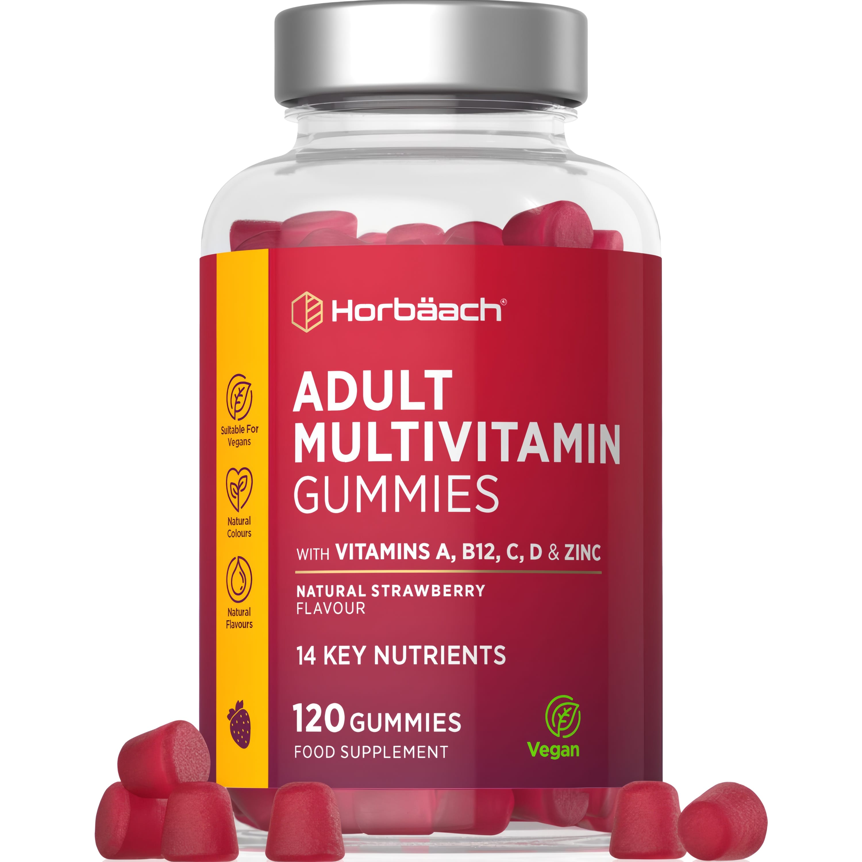 Adult Multivitamin Gummies with Vitamins A, B12, C, D & Zinc, Natural Strawberry Flavour, Natural Colours, 120 vegan gummies.