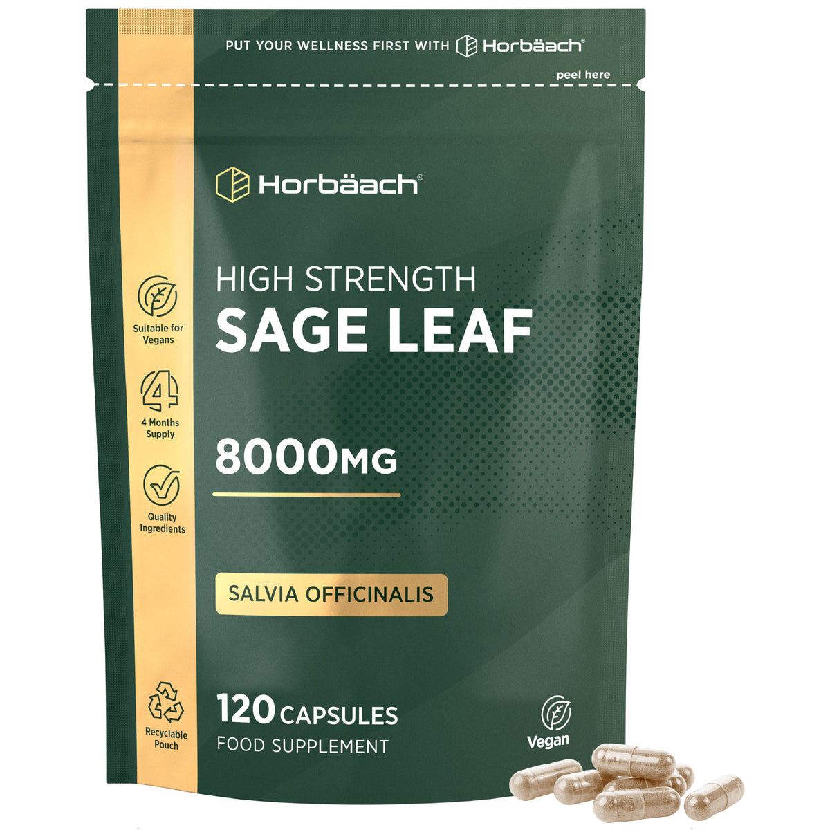 High Strength Sage Leaf 8000mg Salvia Officinalis supplement pouch with 120 capsules, suitable for vegans.