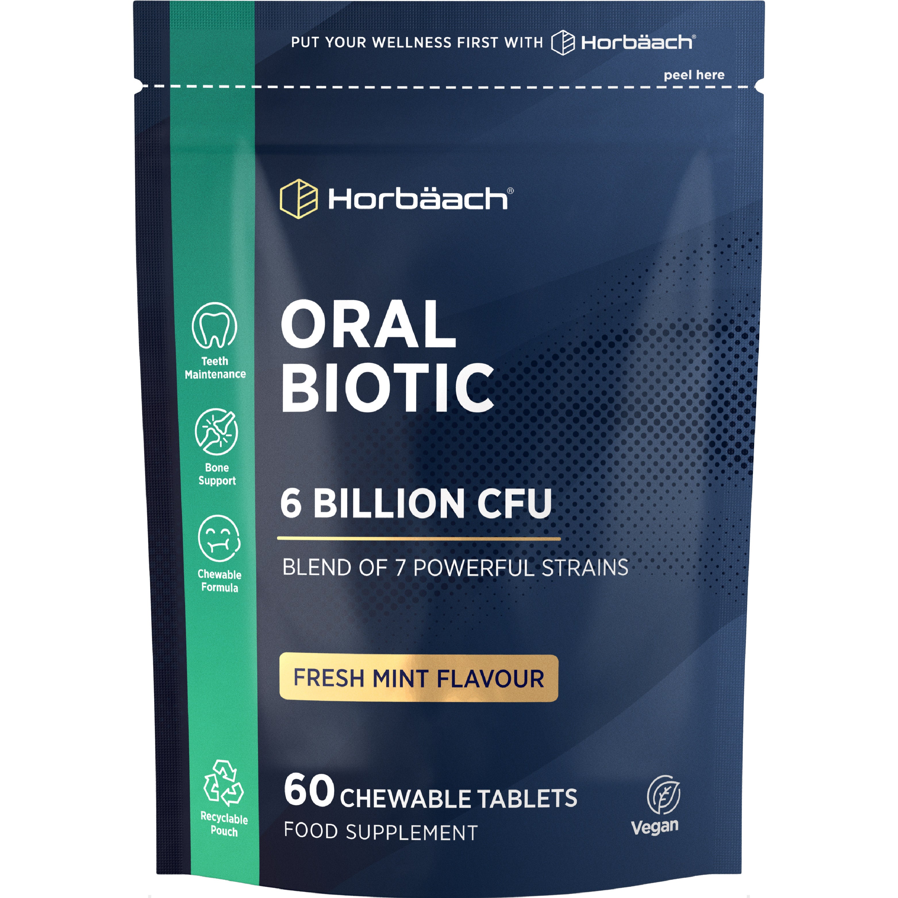 Horbäach Oral Biotic 6 Billion CFU in a pouch. Contains 60 vegan chewable tablets with fresh mint flavor.