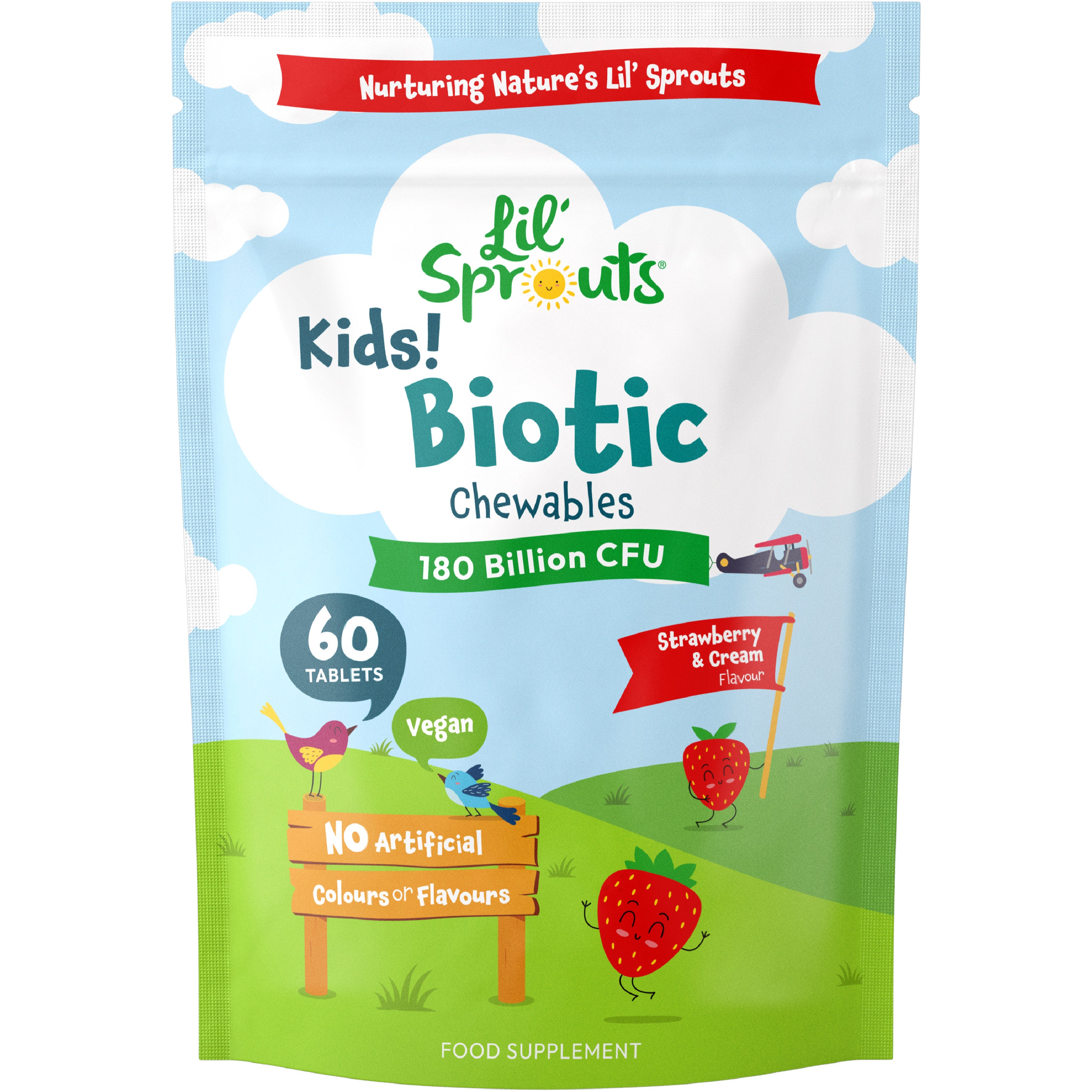 Lil' Sprouts Kids Biotic Chewables, 60 TABLETS, 180 Billion CFU, Strawberry & Cream Flavour, Vegan, NO Artificial Colours or Flavours.