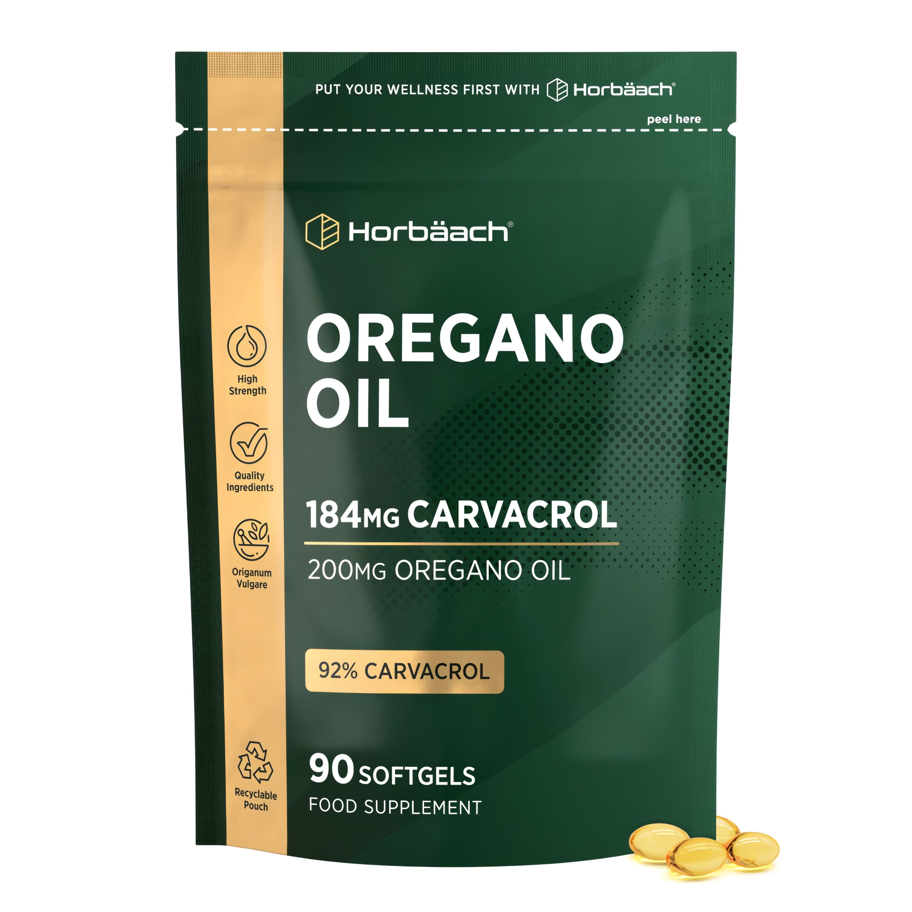 Horbäach Oregano Oil 200mg, 92% Carvacrol (184mg), 90 softgels in a recyclable pouch, with softgels shown.