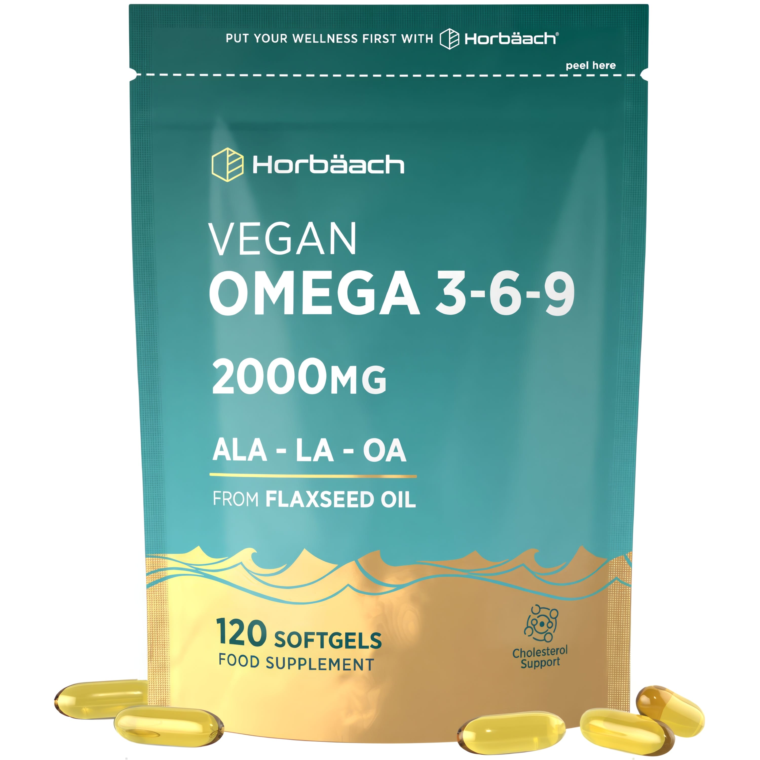 Vegan Omega 3-6-9 supplement, 2000mg ALA-LA-OA from flaxseed oil, 120 softgels for cholesterol support.