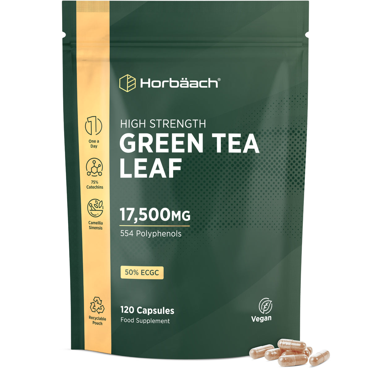 Vegan capsules in a recyclable pouch: 17,500mg high strength green tea leaf, 120 count.