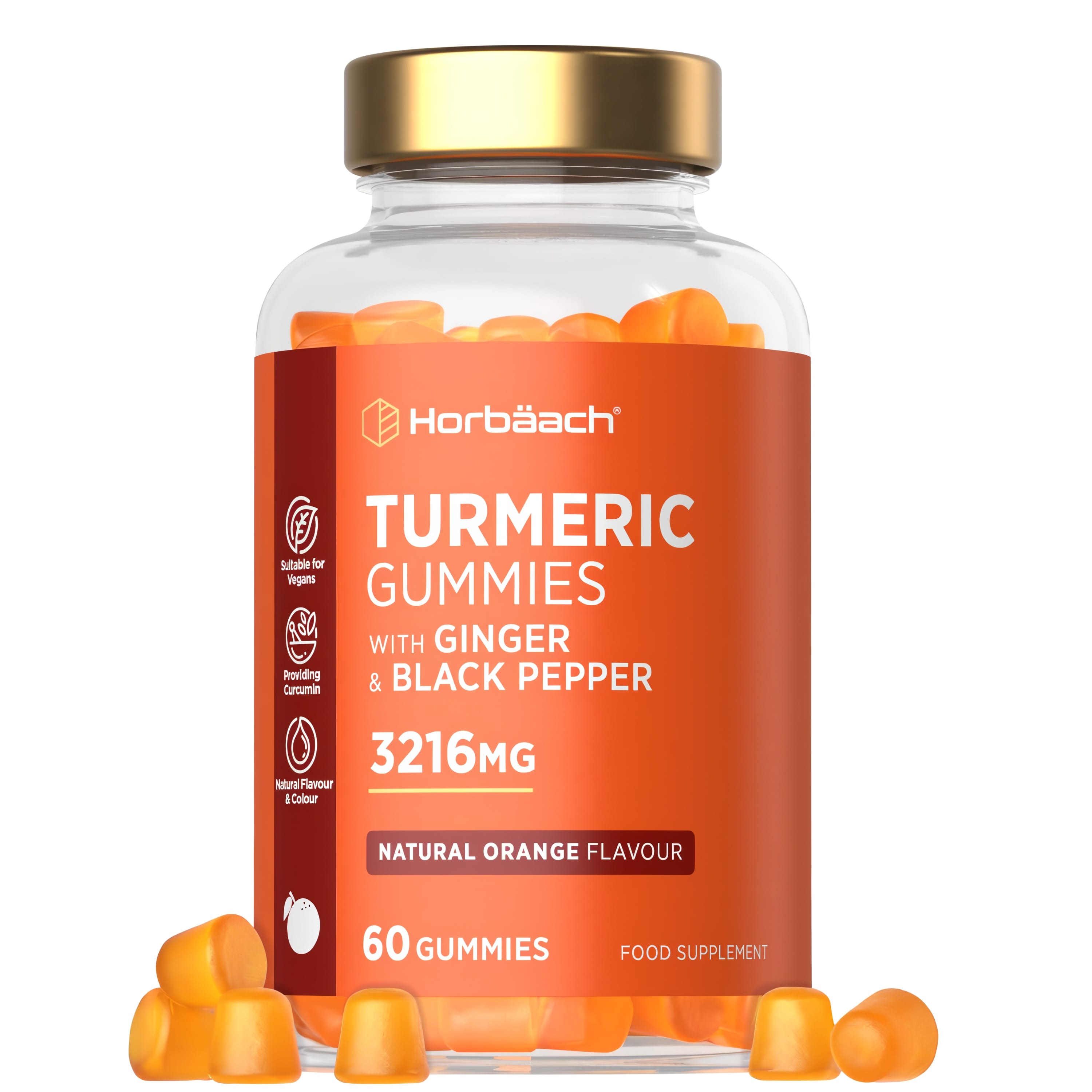 Turmeric Gummies with Ginger & Black Pepper, 3216 MG, Natural Orange Flavour, 60 Vegan Gummies, Food Supplement.