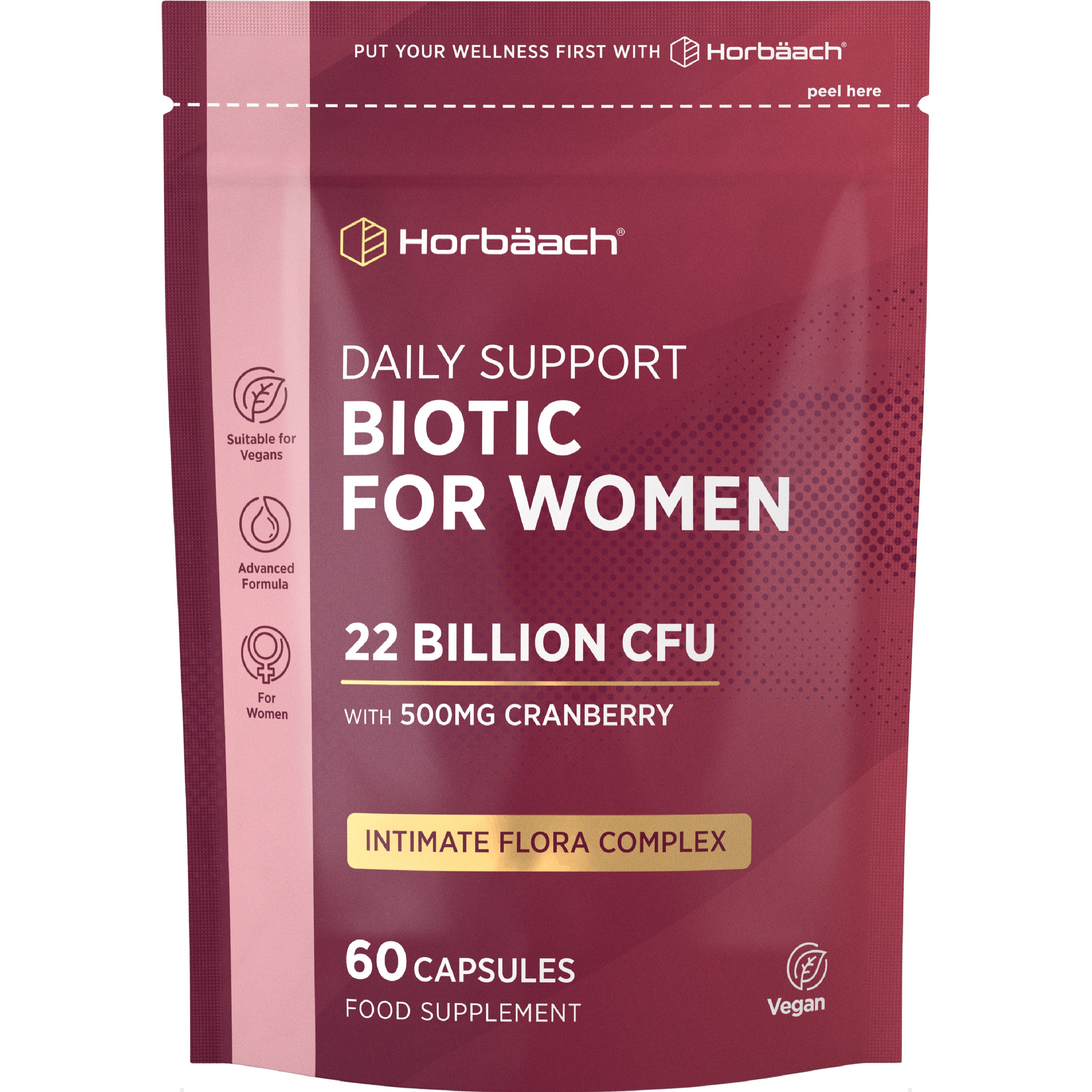 Horbäach Daily Support Biotic for Women, Intimate Flora Complex with 22 Billion CFU and 500mg Cranberry, 60 Capsules.