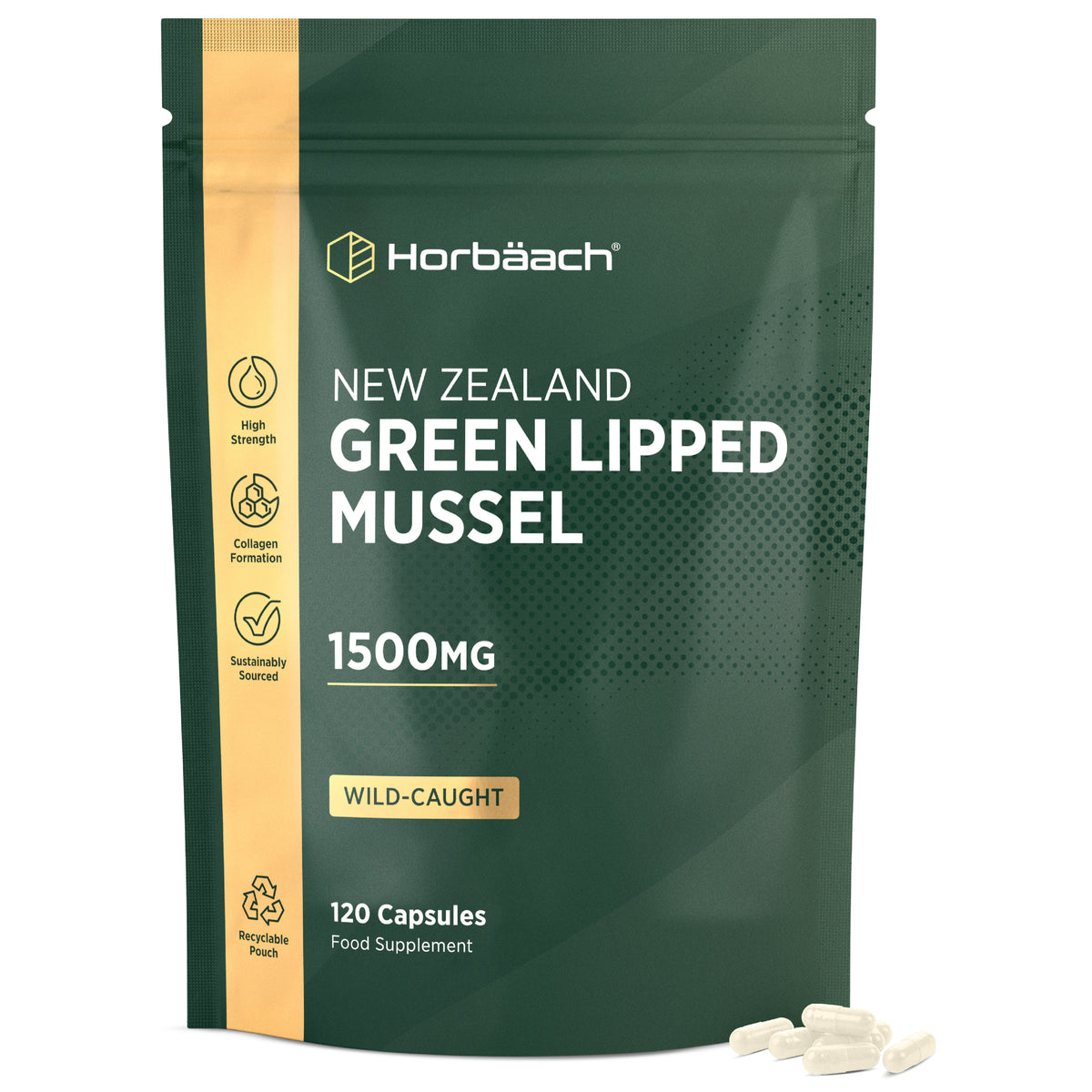 Horbäach Green Lipped Mussel 1500mg, 120 capsules. Wild-caught, high strength, supports collagen formation, sustainably sourced.