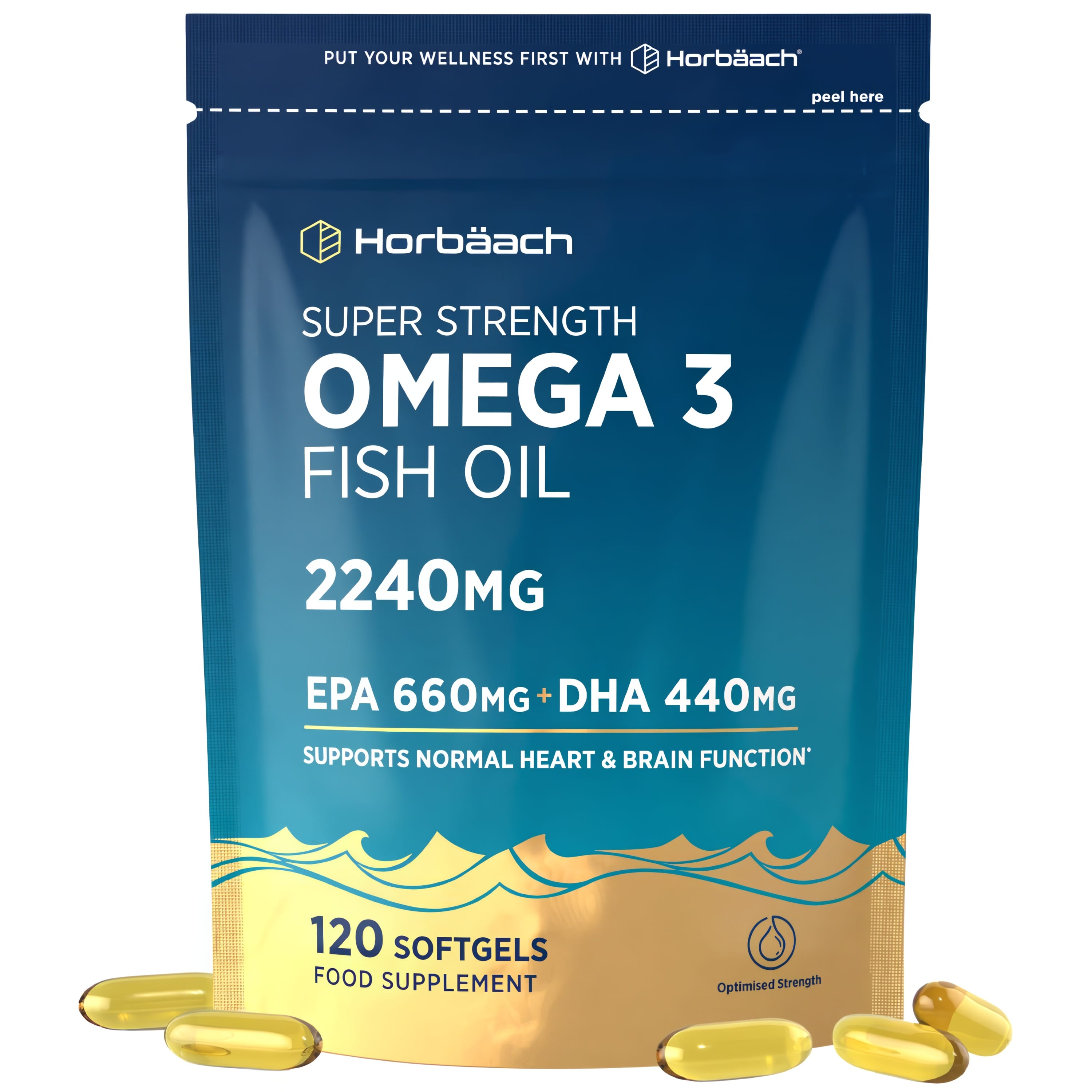 Horbäach Super Strength Omega 3 Fish Oil 2240mg with EPA 660mg and DHA 440mg, 120 softgels food supplement.